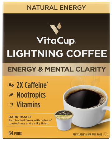 Vitacup Lightning Coffee Pods, For Focus W/ 2X Caffeine, Green Coffee Bean, B Vit, D3, Strong Dark Roast Arabica Beans, Single Serve Pod Compatible With Keurig K-Cup Malt-Inspired, 64 Ct (4 Pack Of 16 Ct)