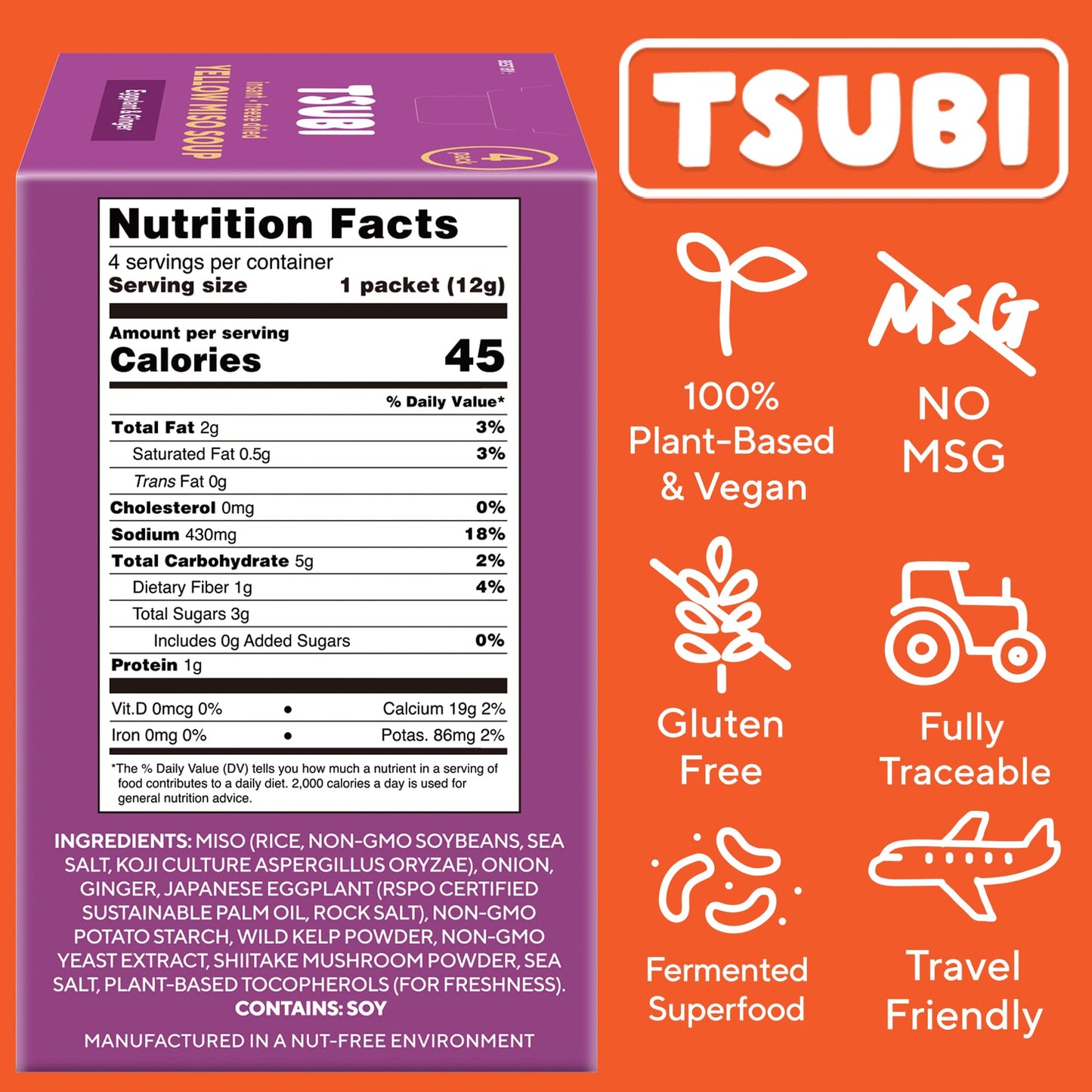 Tsubi Soup Freeze-Dried Miso Soup Packets - Vegan, Gluten & MSG-Free, Yellow Miso (Eggplant & Ginger) - 4 Packs