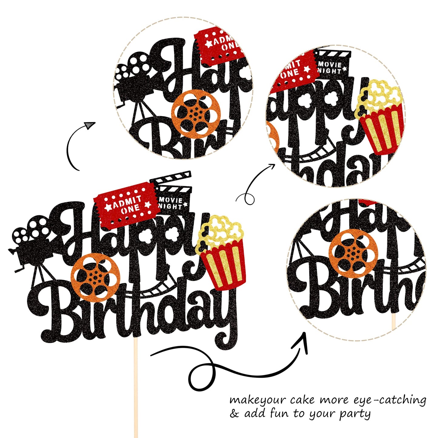 1 Pcs Movie Night Cake Topper Happy Birthday Sign Cake Pick Decorations For Theater Video Recorder Roll Camera Popcorn Hollywood
