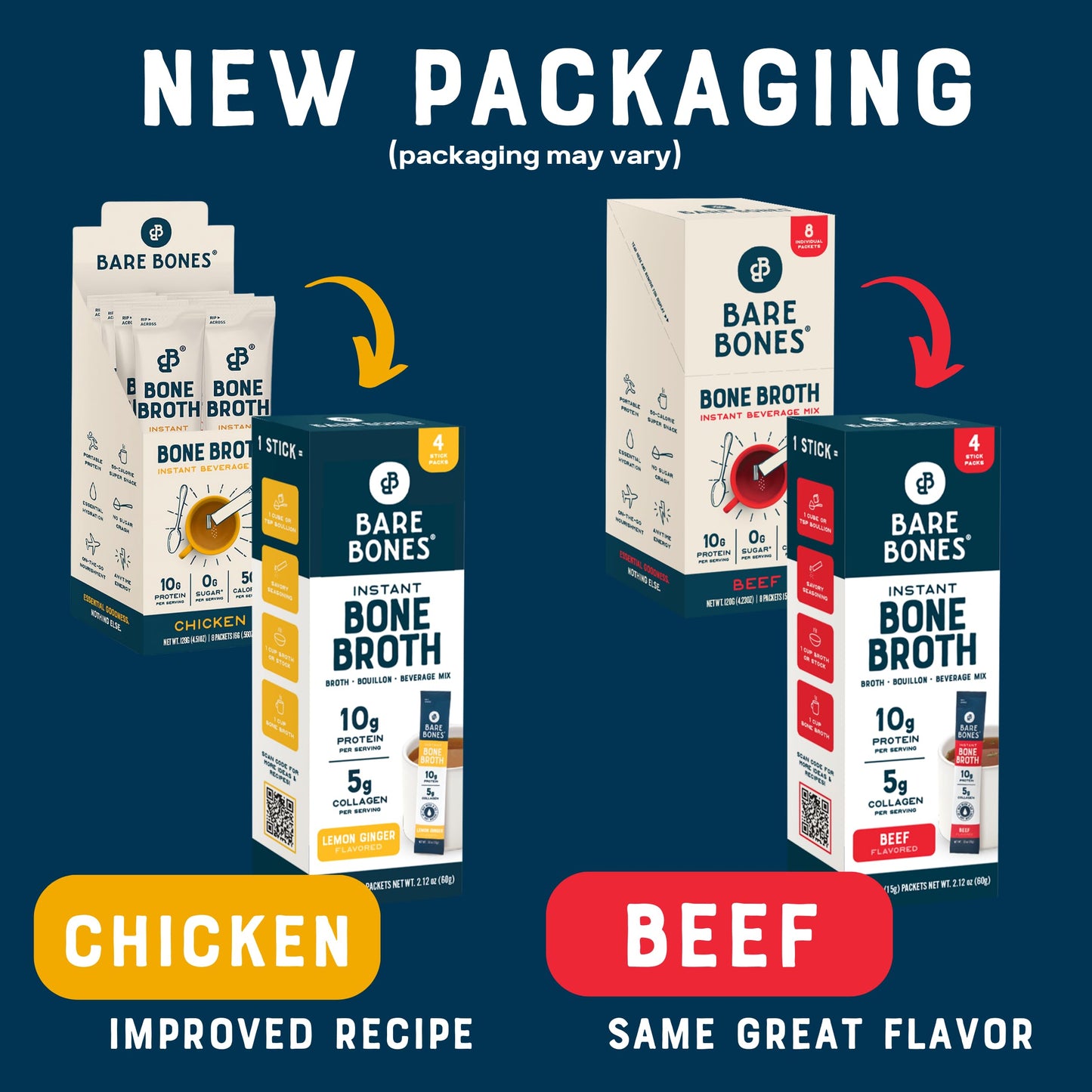 Bare Bones Bone Broth Instant Beverage Mix, Chicken & Beef Variety Pack, 8 Sticks, 15g Each, Keto & Paleo Friendly