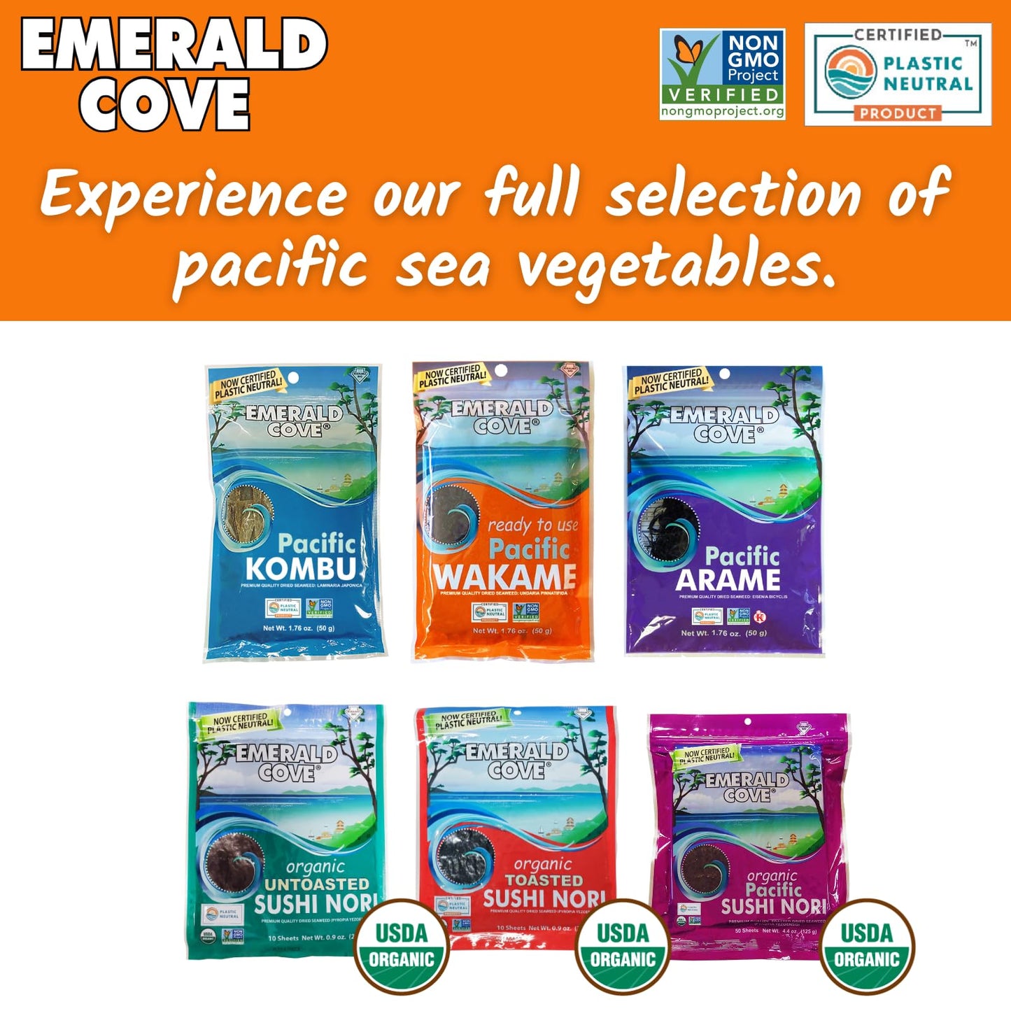 Emerald Cove Pacific Wakame, Dried Sea , Non-Gmo, Naturally Gluten-Free, Resealable Bag, 1.76 Oz (2 Pk)