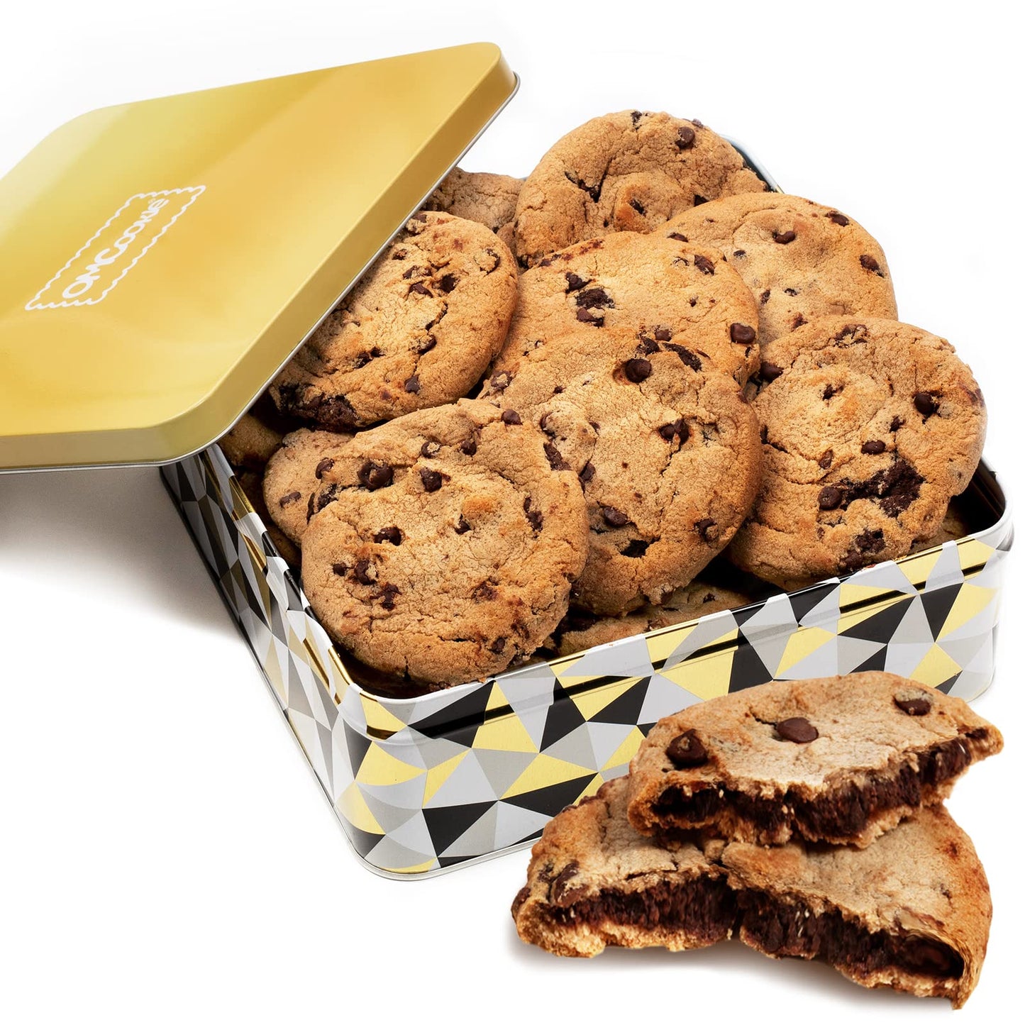 Holiday Chocolate Chip Cookies Gift Basket 1.5 Lb Gourmet Tin Fudge Filled For Men Women | Individually Wrapped | Large Cookies | Birthday Get Well Sympathy Christmas