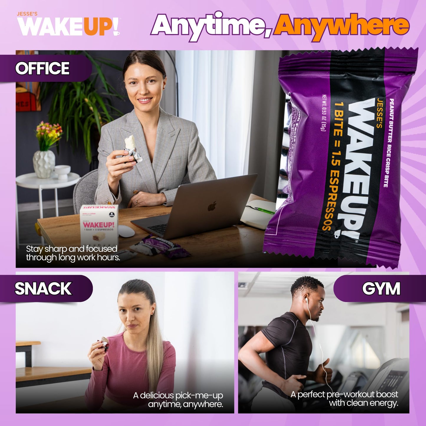 Jesses WakeUP! Caffeinated Peanut Butter Protein Bites – 175mg Clean Caffeine, Gluten-Free, 8 Pack, 1 Bite = 1.5 Espressos