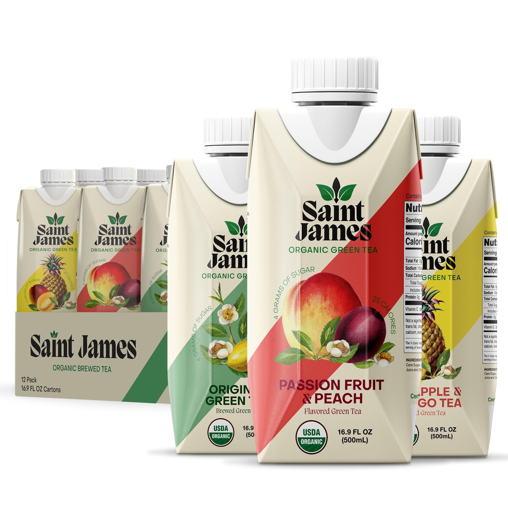 Saint James Iced Tea - Organic Green Tea - Non GMO, Gluten Free, Low Calorie & Low Sugar - Variety Green Tea Flavors, 12 Pack (1