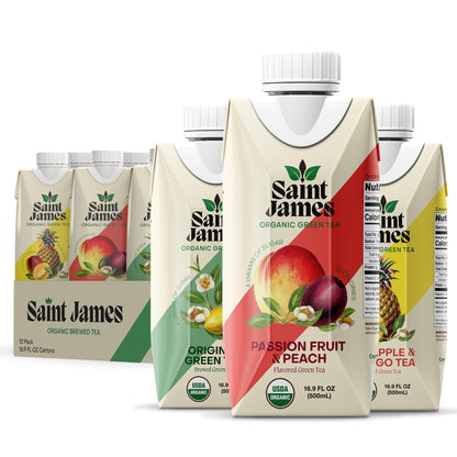 Saint James Iced Tea - Organic Green Tea - Non GMO, Gluten Free, Low Calorie & Low Sugar - Variety Green Tea Flavors, 12 Pack (1