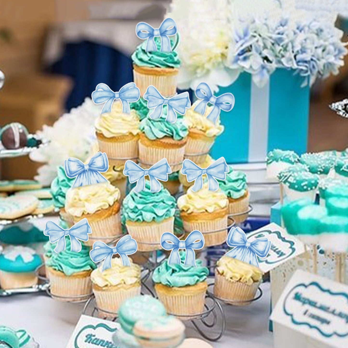 Cyodoos 40Pcs Edible Blue Bowknot Cupcake Toppers Wafer Paper Bowknot Cake Dessert Picks Baby Shower Princess Cupcake Toppers Fo