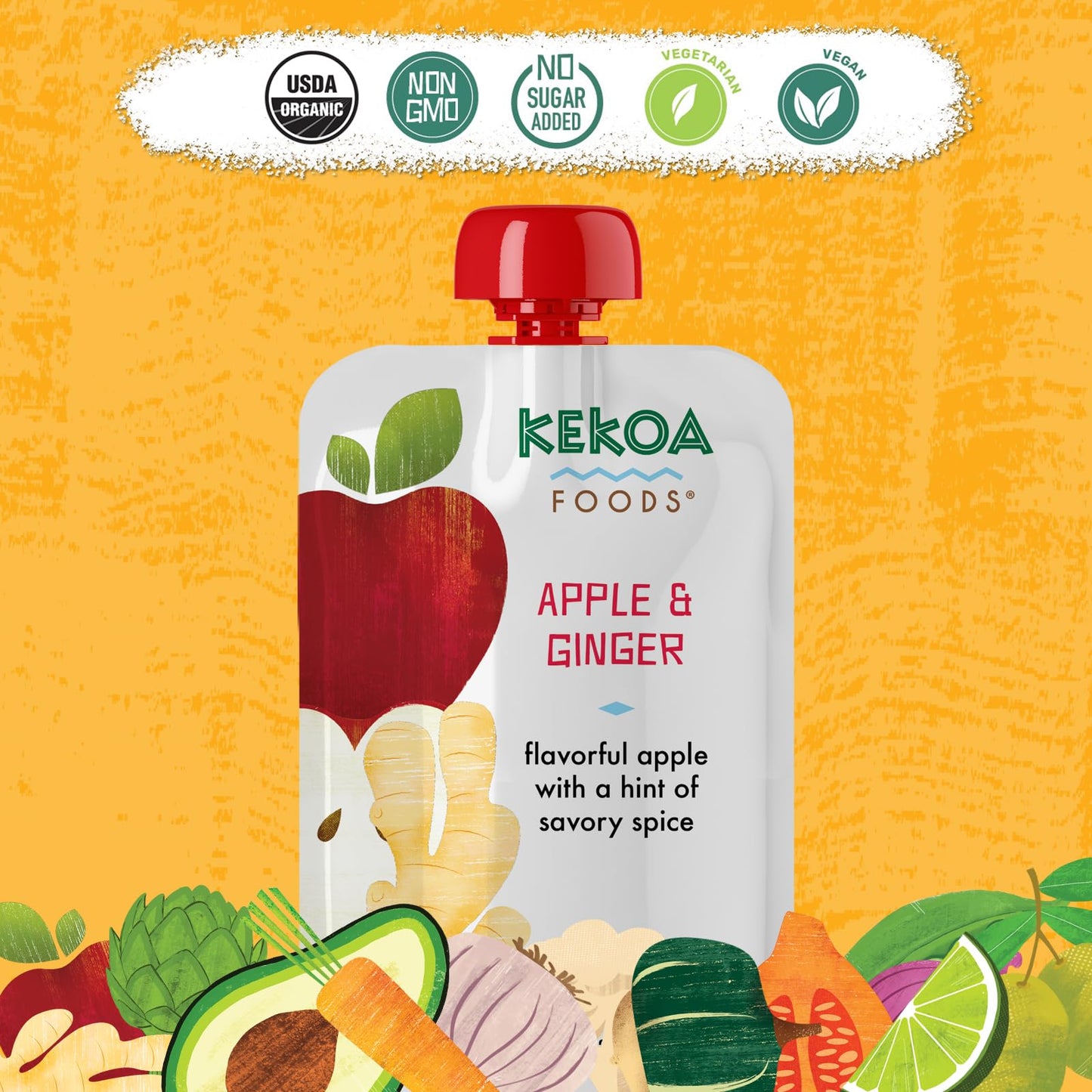 Kekoa Foods Apple & Ginger Baby Food Purée | 100% Usda Certified-Organic, No Sugar Added | Organic, Non-Gmo, Gluten-Free, Vegan | Mild Ginger For Flavor Development | 3.5 Oz Squeeze Pouch