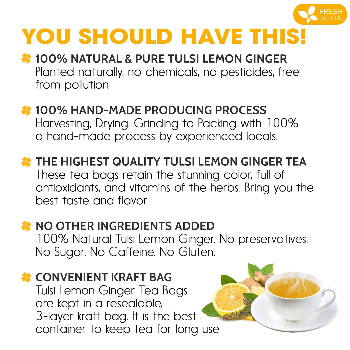 FRESHDRINKUS Tulsi Lemon Ginger Tea Bags, 100% Natural, 55 Count, Vegan, No Sugar, No Caffeine