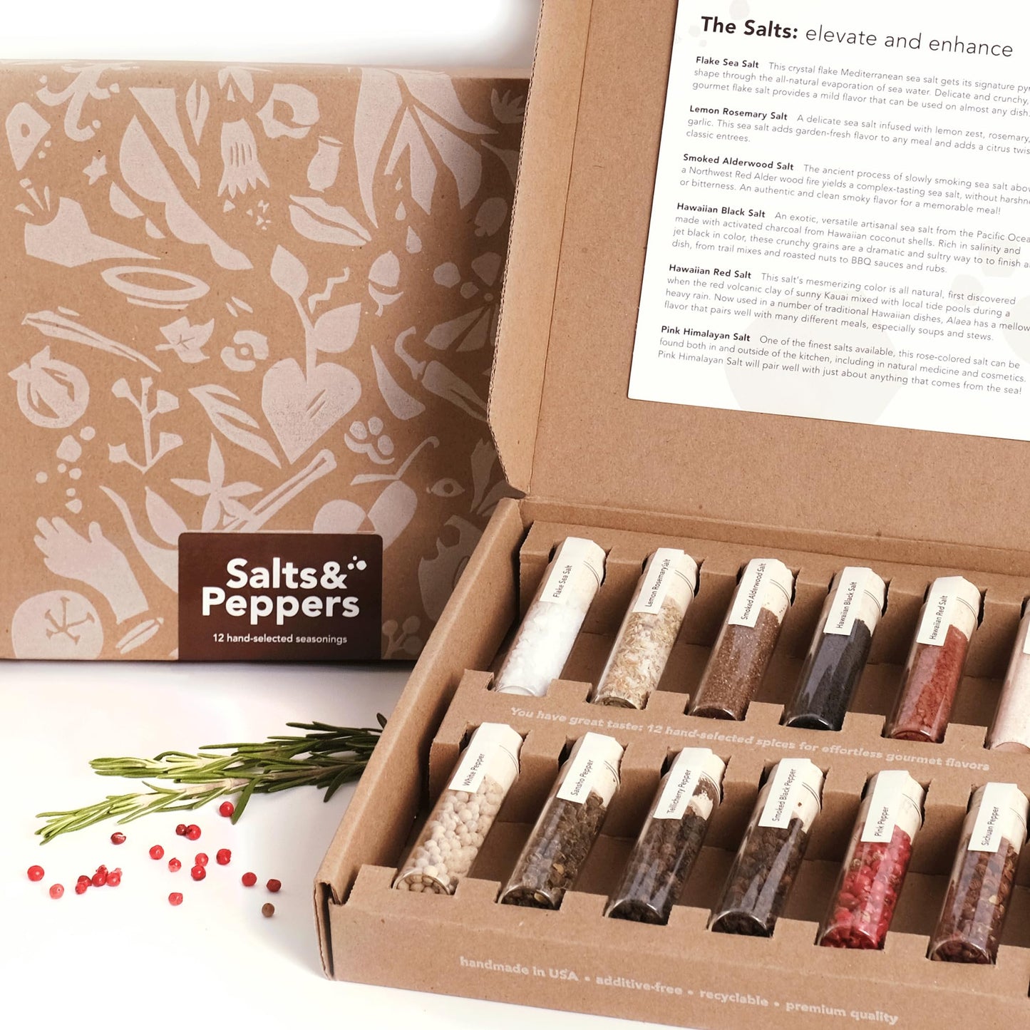 Craftly Salt & Pepper Gift Box - Spice & Seasoning Set with 6 Salts & 6 Peppers, 22.5 x 4.1 x 22.8 cm, Ideal
