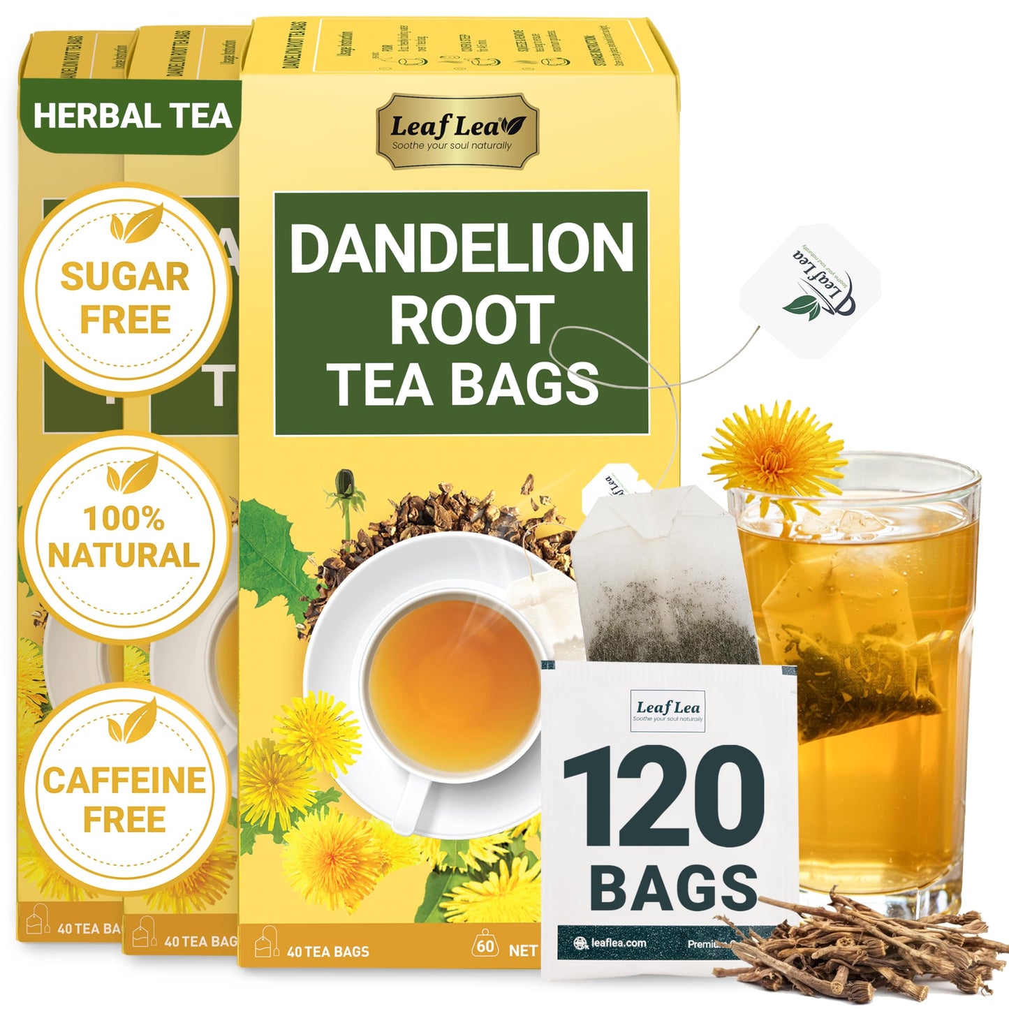 LeafLea Dandelion Root Tea Bags, Caffeine-Free & Sugar-Free, 120 Bags (Pack of 3), Natural Herbal Tea for Digestion, Vegan