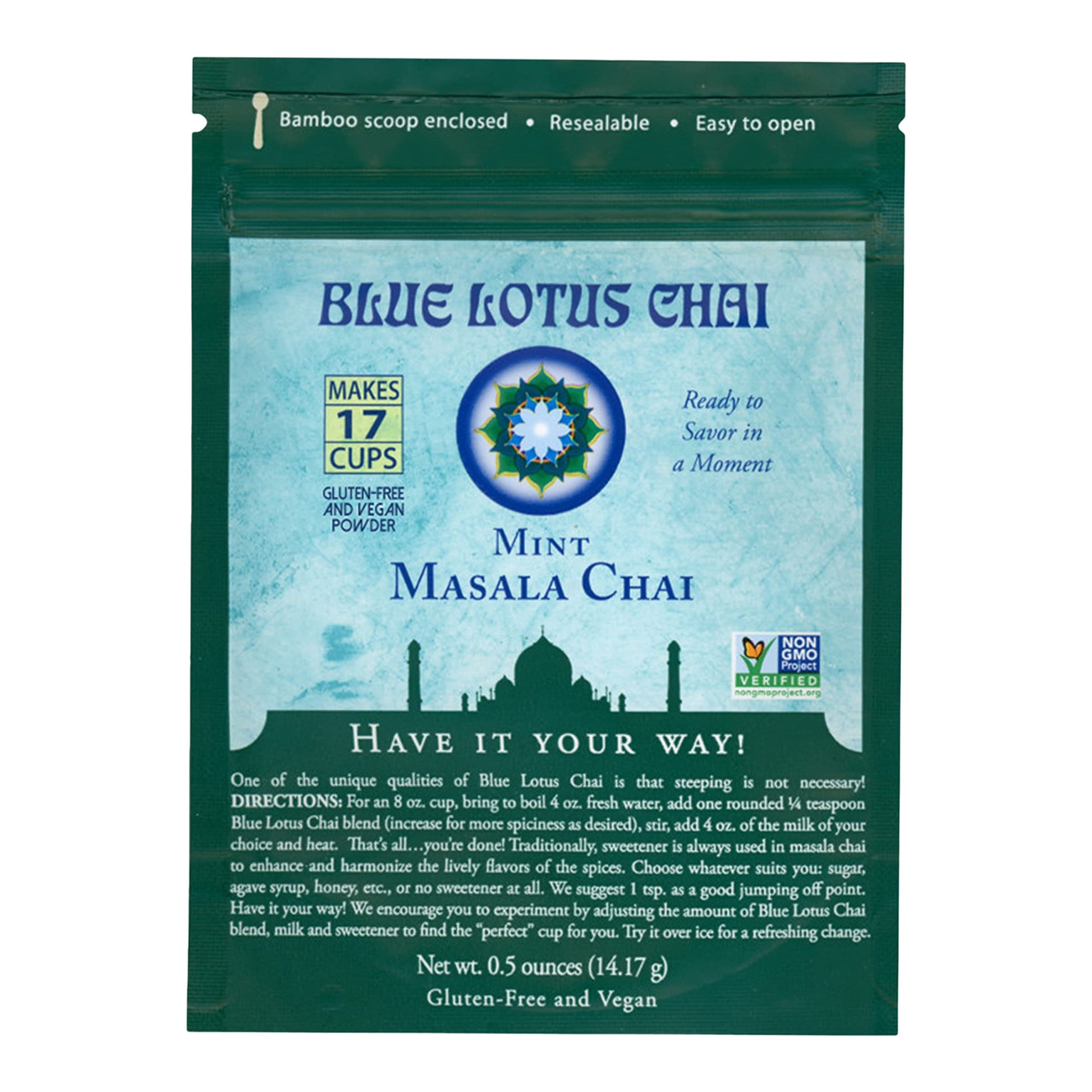 Blue Lotus Chai - Mint Masala Chai - Makes 17 Cups - 0.5 Oz Pouch Masala Spiced Chai Powder With Organic Spices - Instant Indian