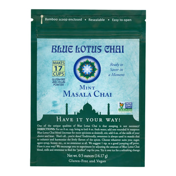 Blue Lotus Chai - Mint Masala Chai - Makes 17 Cups - 0.5 Oz Pouch Masala Spiced Chai Powder With Organic Spices - Instant Indian