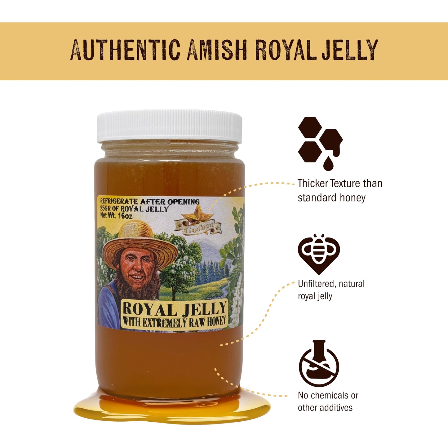 Goshen Honey Raw Royal Jelly Honey, Unfiltered & Pure, 16 Ounce, Dairy & Gluten Free