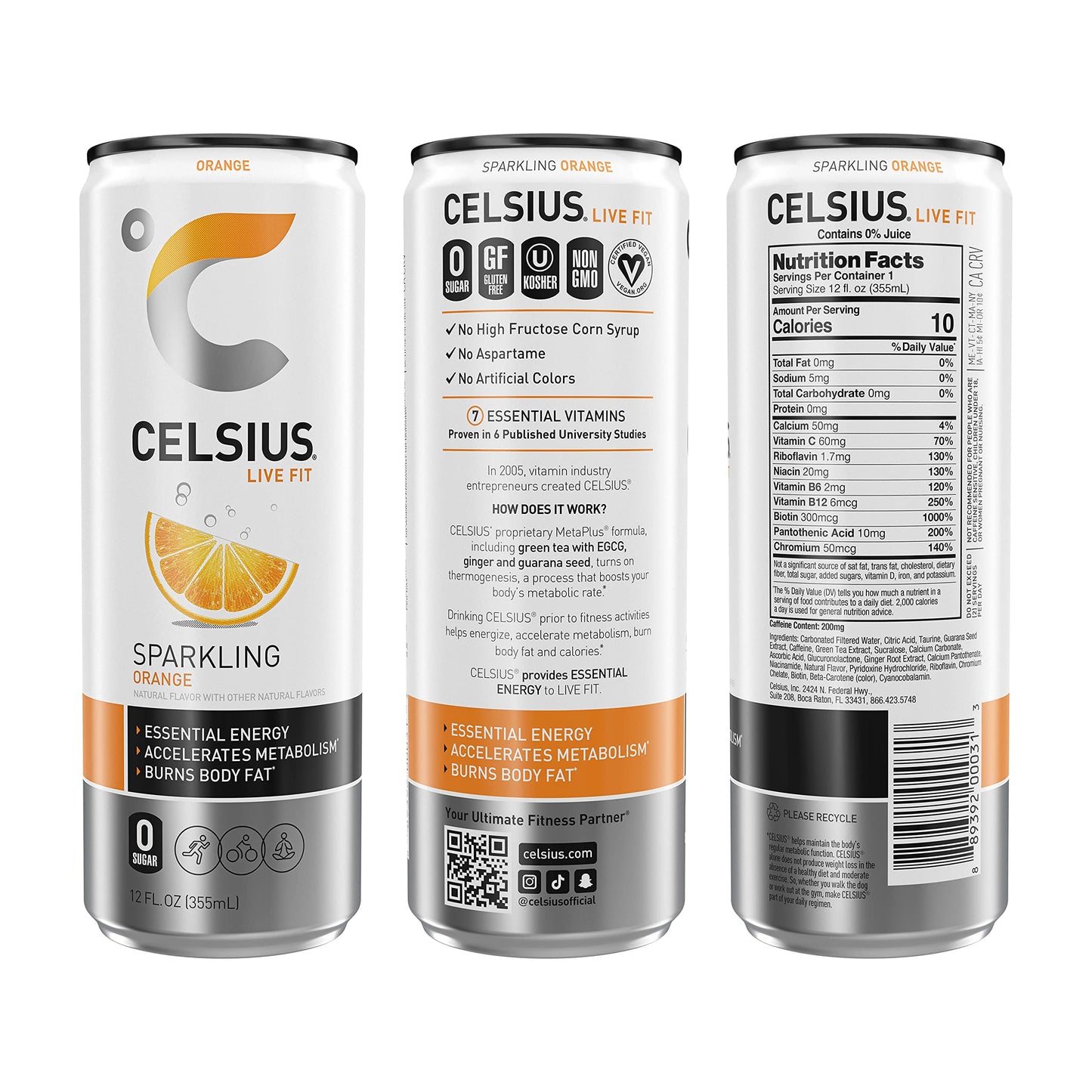 CELSIUS Sparkling Orange Energy Drink, 12 Fl Oz, Pack of 24, Model 889392000368