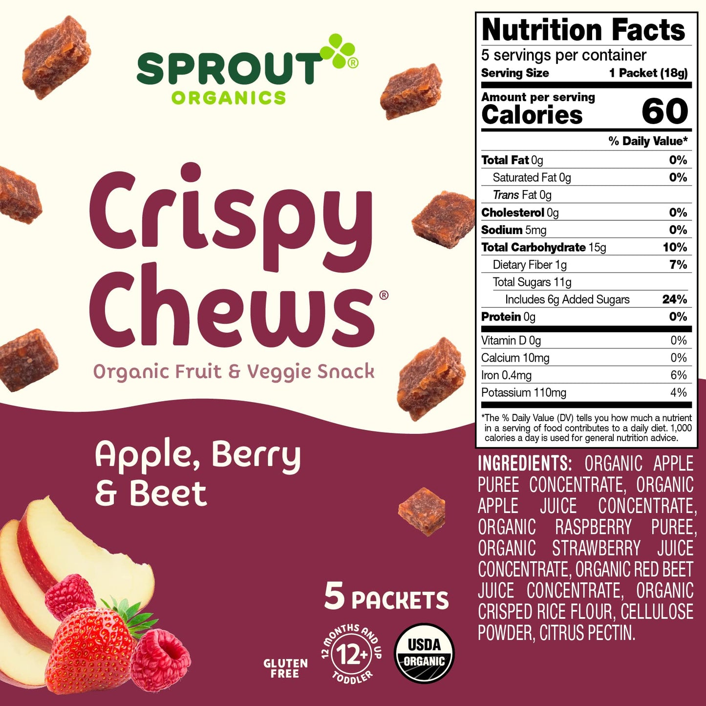 Sprout Organic Baby Food, Stage 4 Toddler Fruit Snacks, Red Fruit Beet & Berry Crispy Chews, 0.63 Oz Single Serve Packs (5 Count