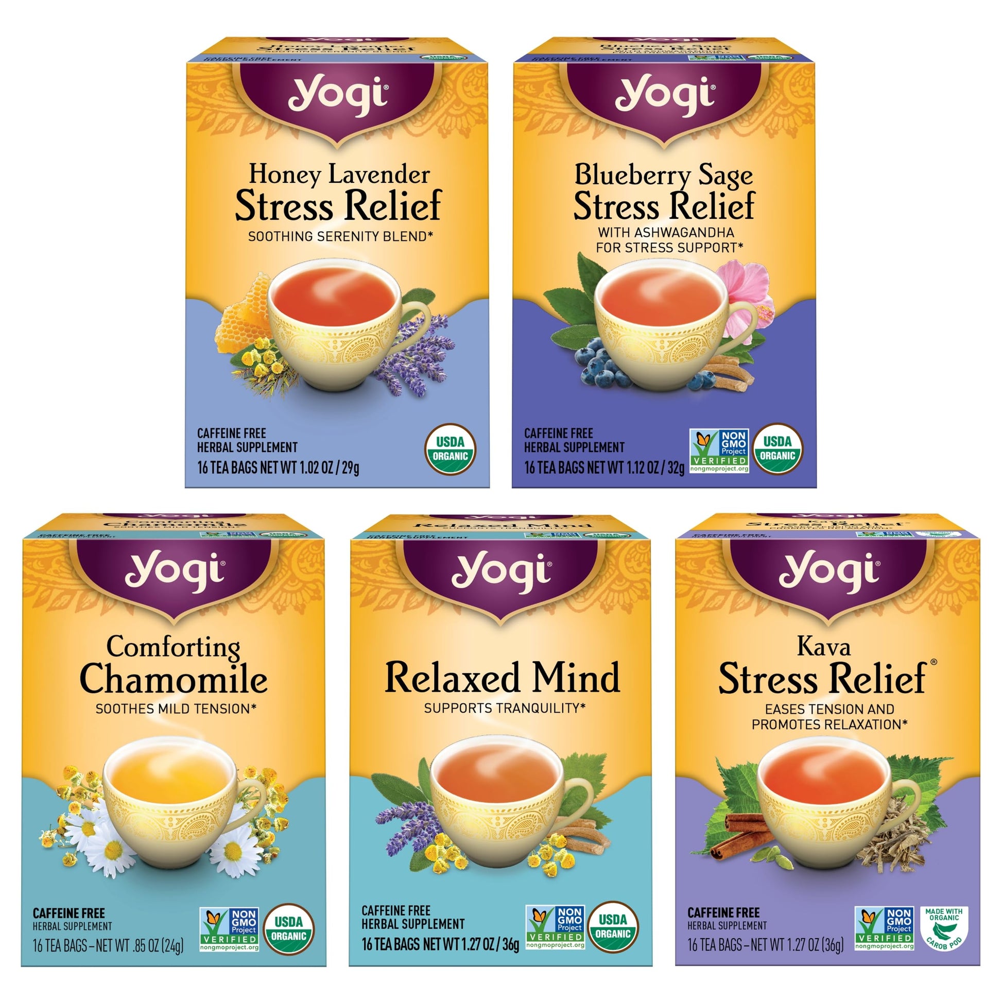 Yogi Tea Stress Relief Variety Sampler - Organic Chamomile & Relaxed Mind - 16 Bags per Pack (5 Packs)