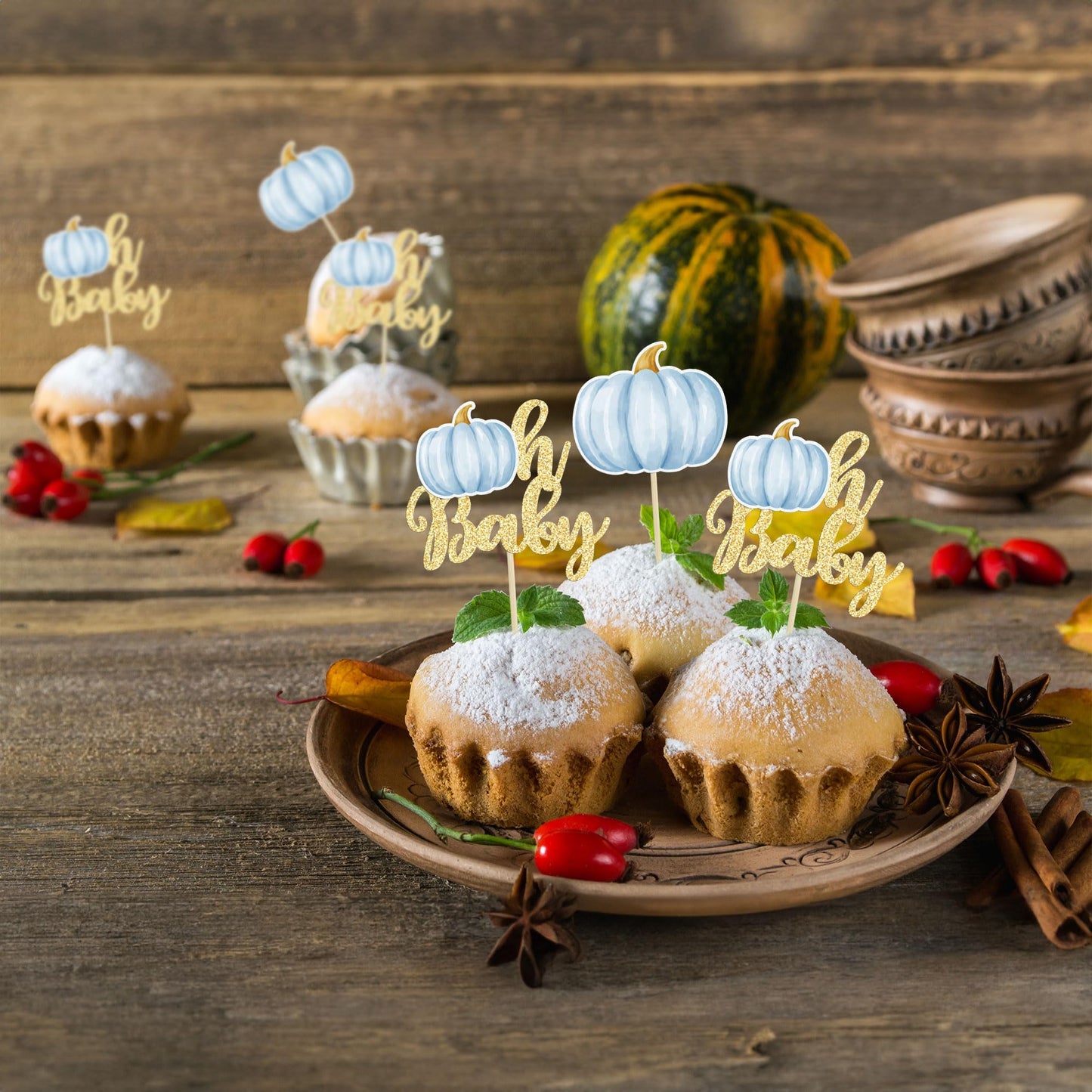 Gyufise 24Pcs Pumpkin Oh Baby Cupcake Toppers Blue Fall Pumpkin Cupcake Picks Baby Shower Cake Decorations Pumpkin Themed Baby S