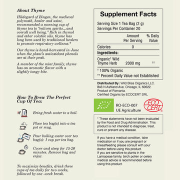 Wild Bliss Organic Wild Thyme Tea - Caffeine Free Herbal Support - 20 Plant Based Tea Bags