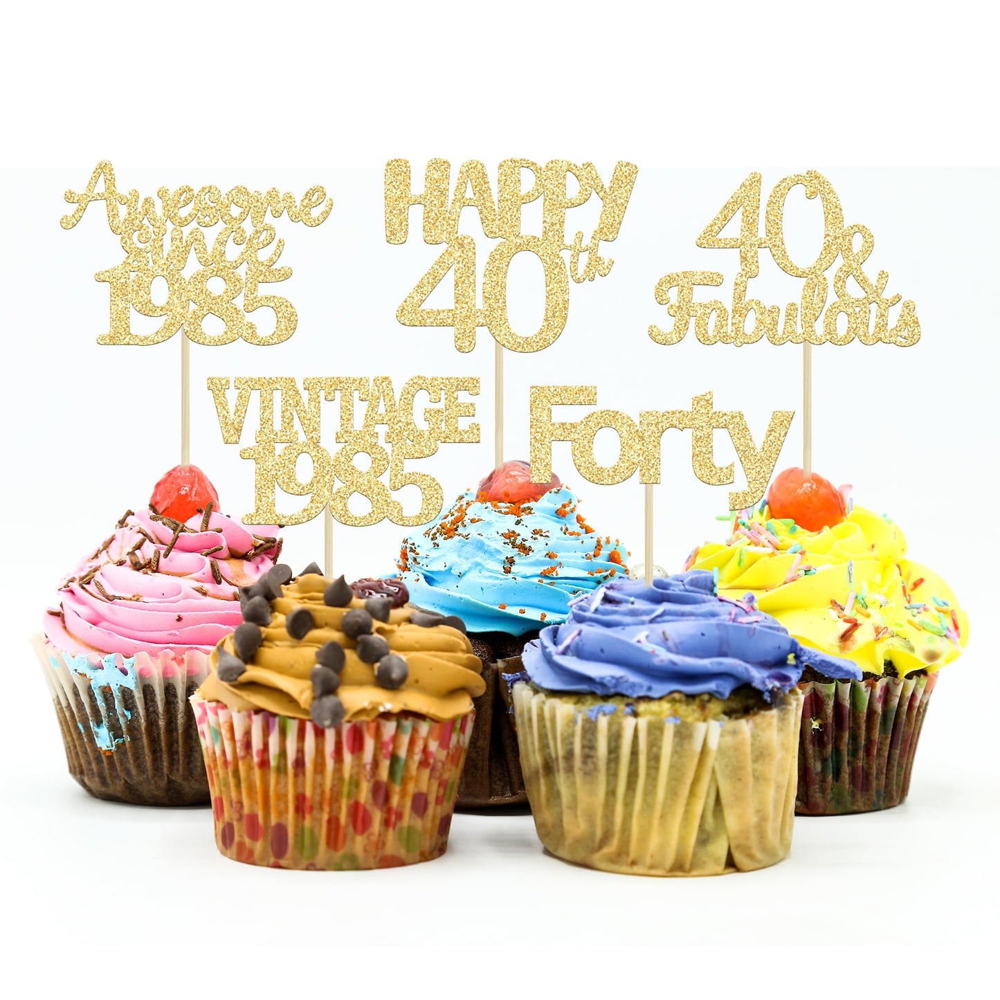 Gyufise 30Pcs Gold Glitter 40Th Birthday Cupcake Toppers Vintage 1983 Awesome Since 1983 40 Fabulous Cupcake Picks 40Th Birthday