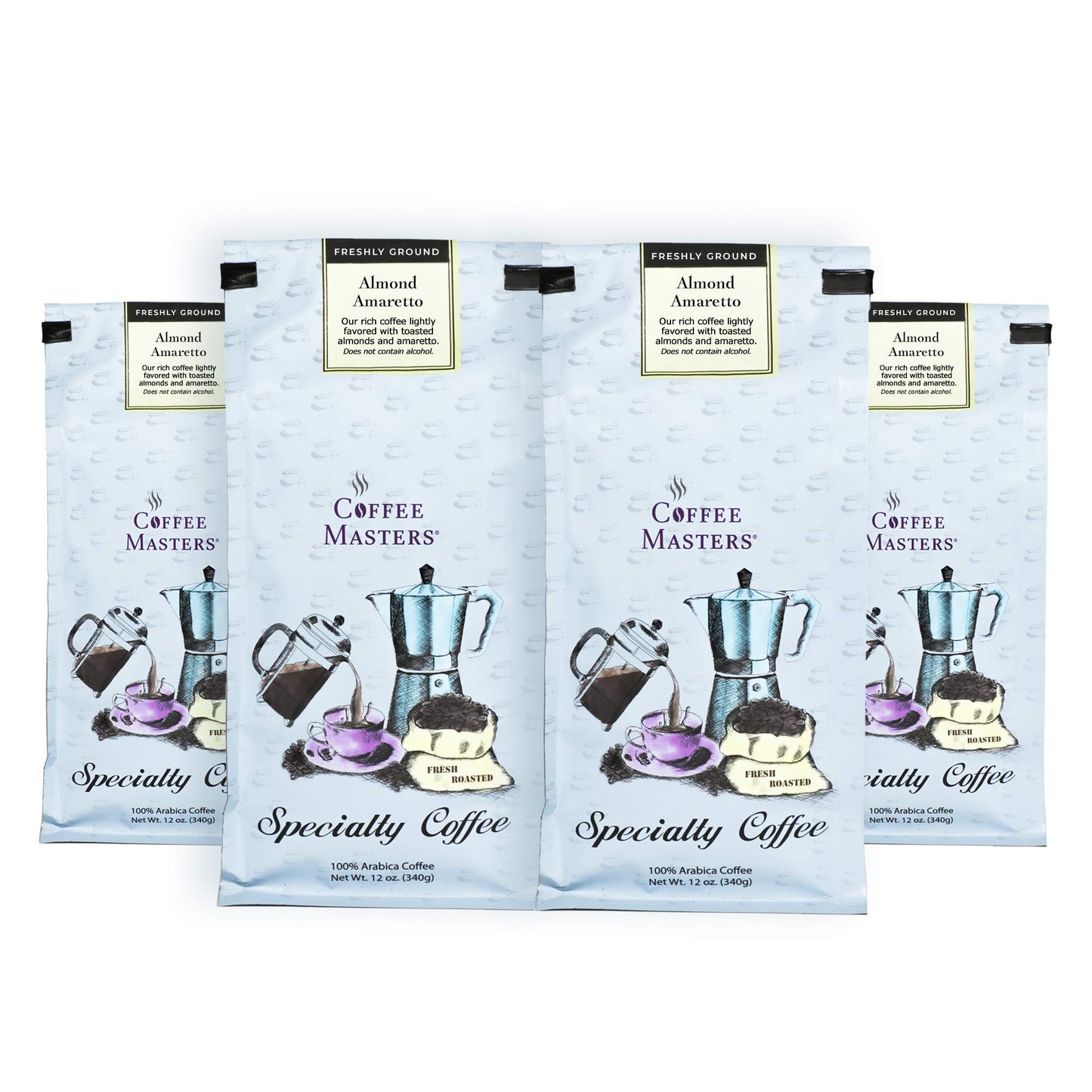 COFFEE MASTERS Flavored Coffee, Almond Amaretto, Ground, 12 Ounce Bags, Pack of 4, Model AAMF12G