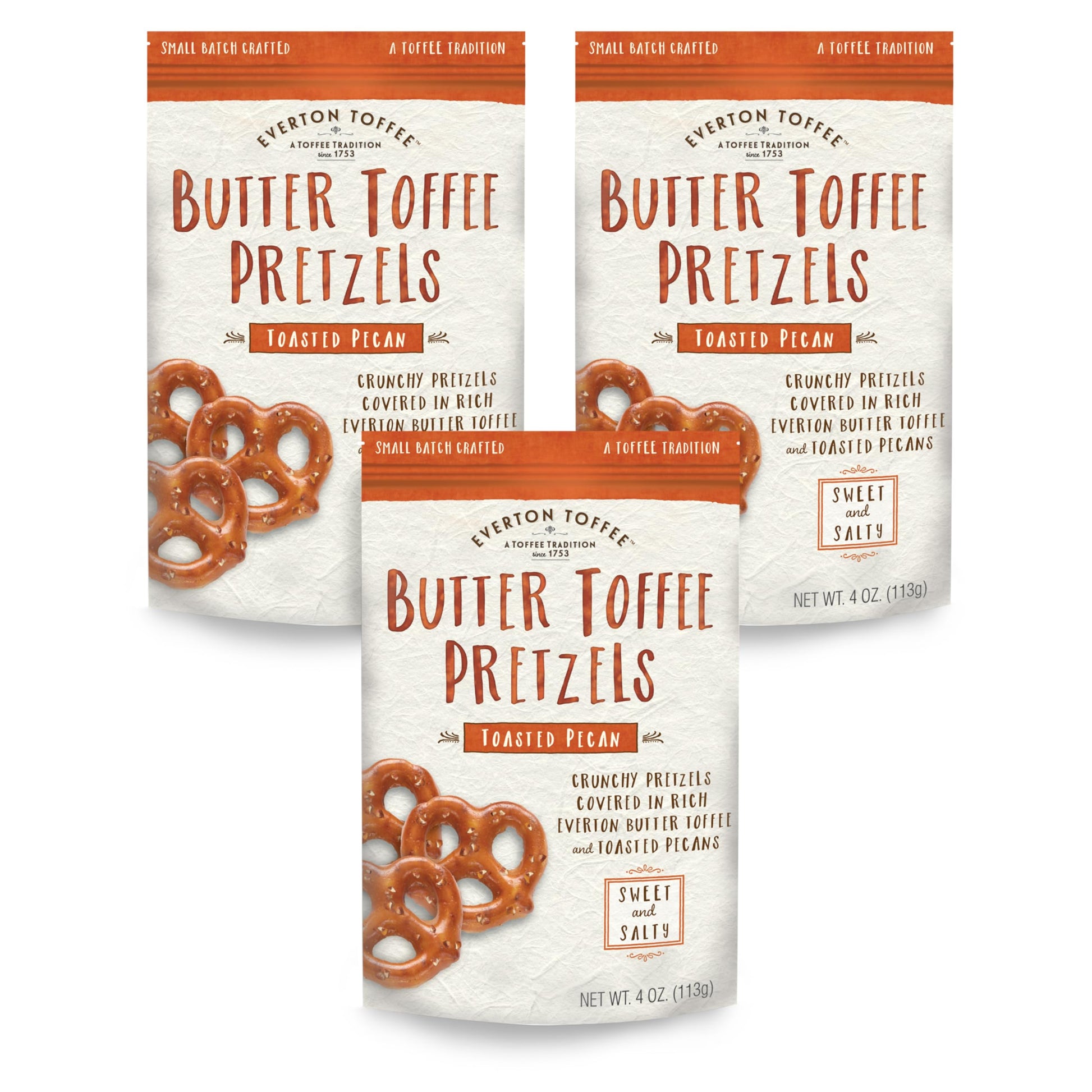 Everton Toffee Butter Toffee Pretzels, Toasted Pecan Flavor (4 oz. bag, 3-pack), Gourmet Artisan Toffee Covered Pretzels, Sweet 