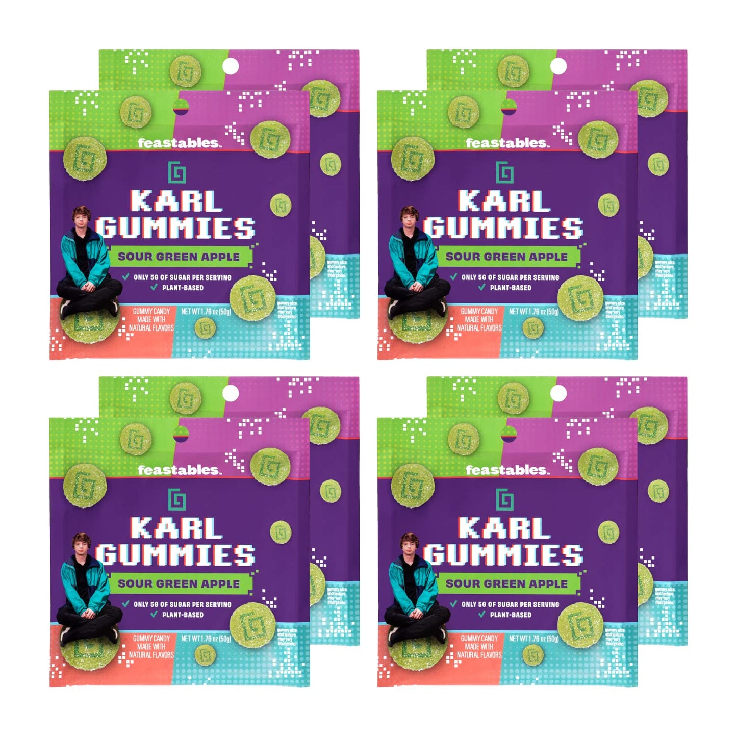 Feastables Mrbeast Karl Gummy Sour Candy - Green Apple - 1.76 Oz Bag (Pack Of 8)