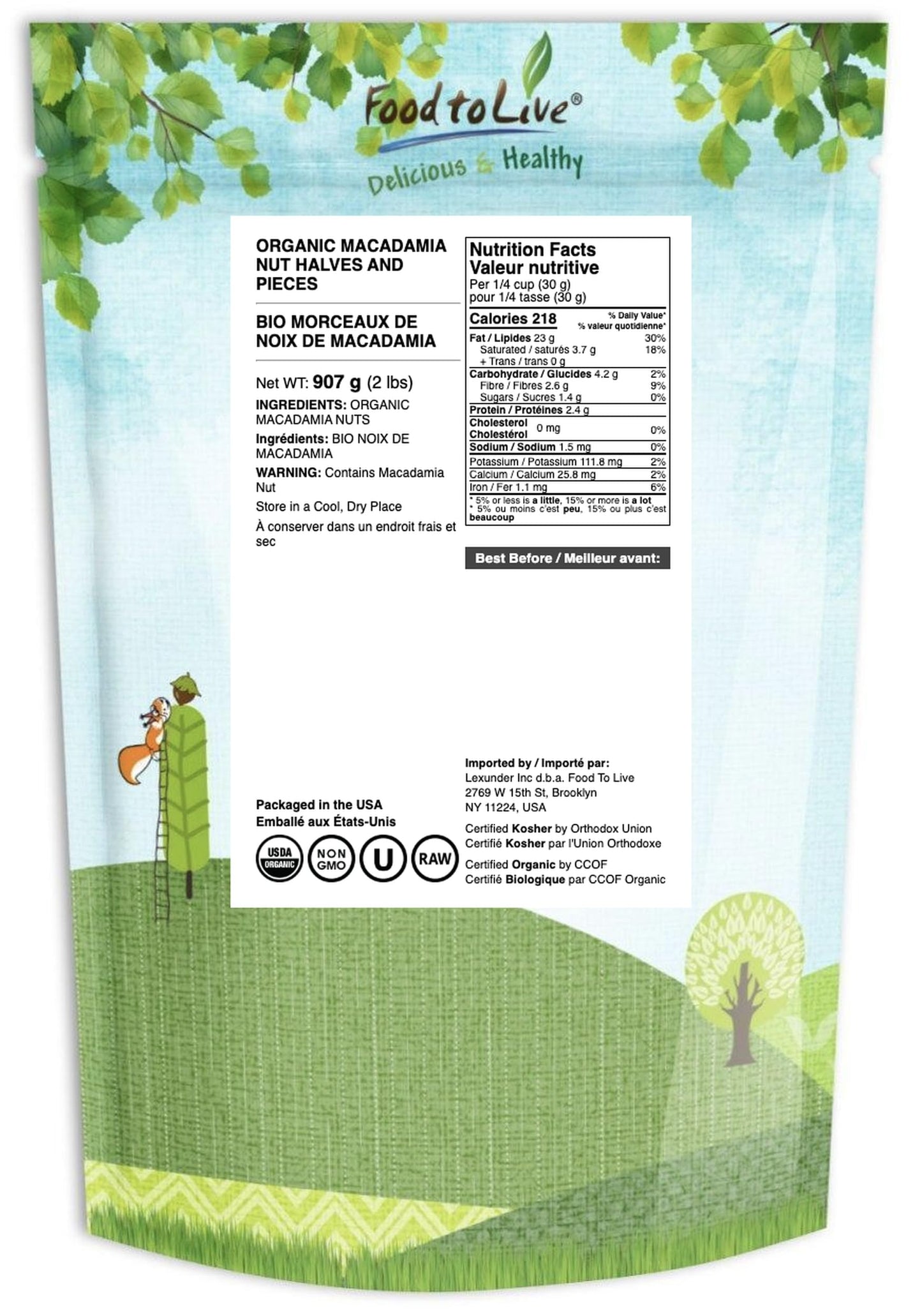 Food to Live Organic Macadamia Nut Halves & Pieces, Non-GMO, Raw, Unsalted, 2 Pounds