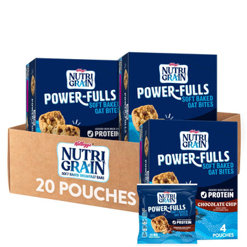 Nutri-Grain Power-Fulls Soft Baked Oat Bites, Protein Snacks, Whole Grain, Chocolate Chip (5 Boxes, 20 Pouches)