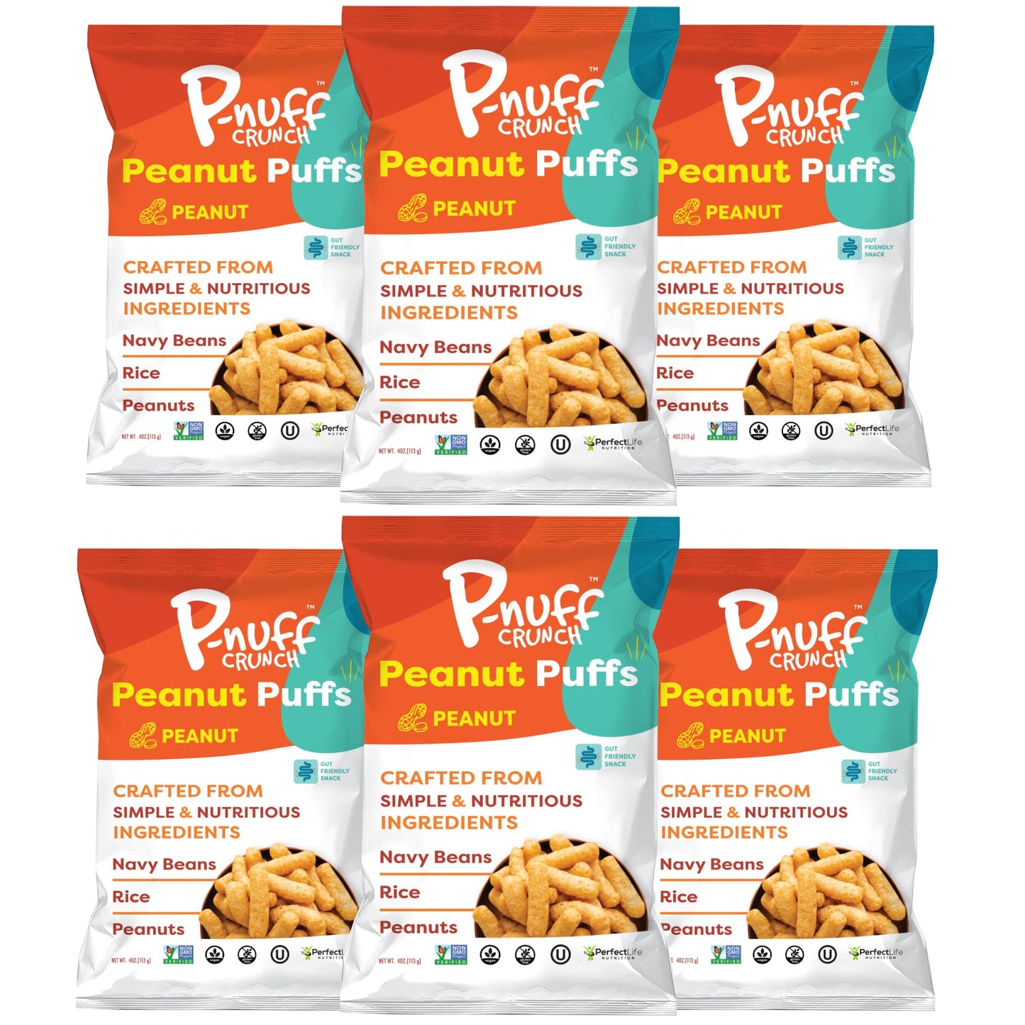 P-Nuff Crunch Baked Peanut Puffs - Vegan, Gluten Free, 20g Protein, 4oz Bag, Pack of 6