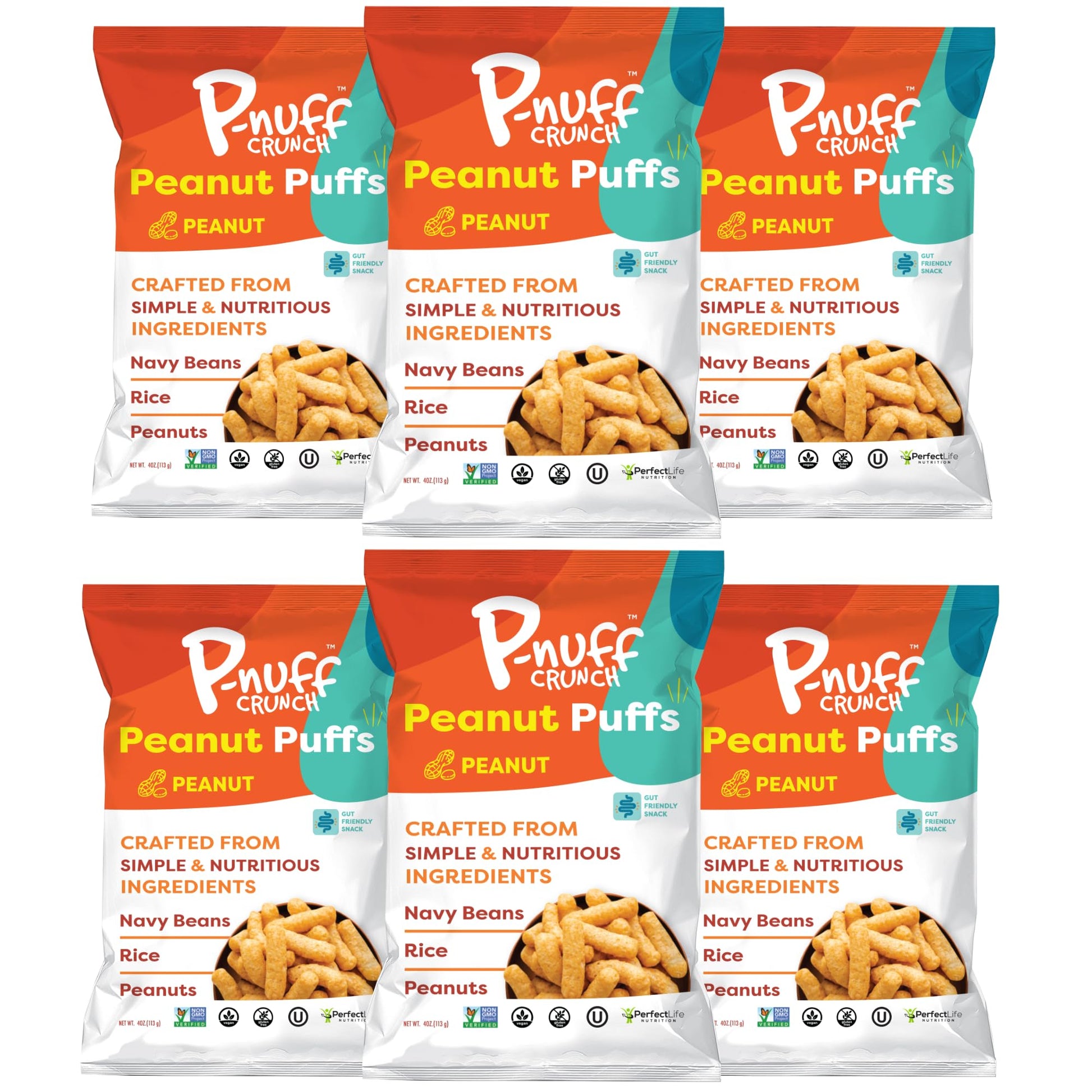 P-Nuff Crunch Baked Peanut Puffs - Vegan, Gluten Free, 20g Protein, 4oz Bag, Pack of 6