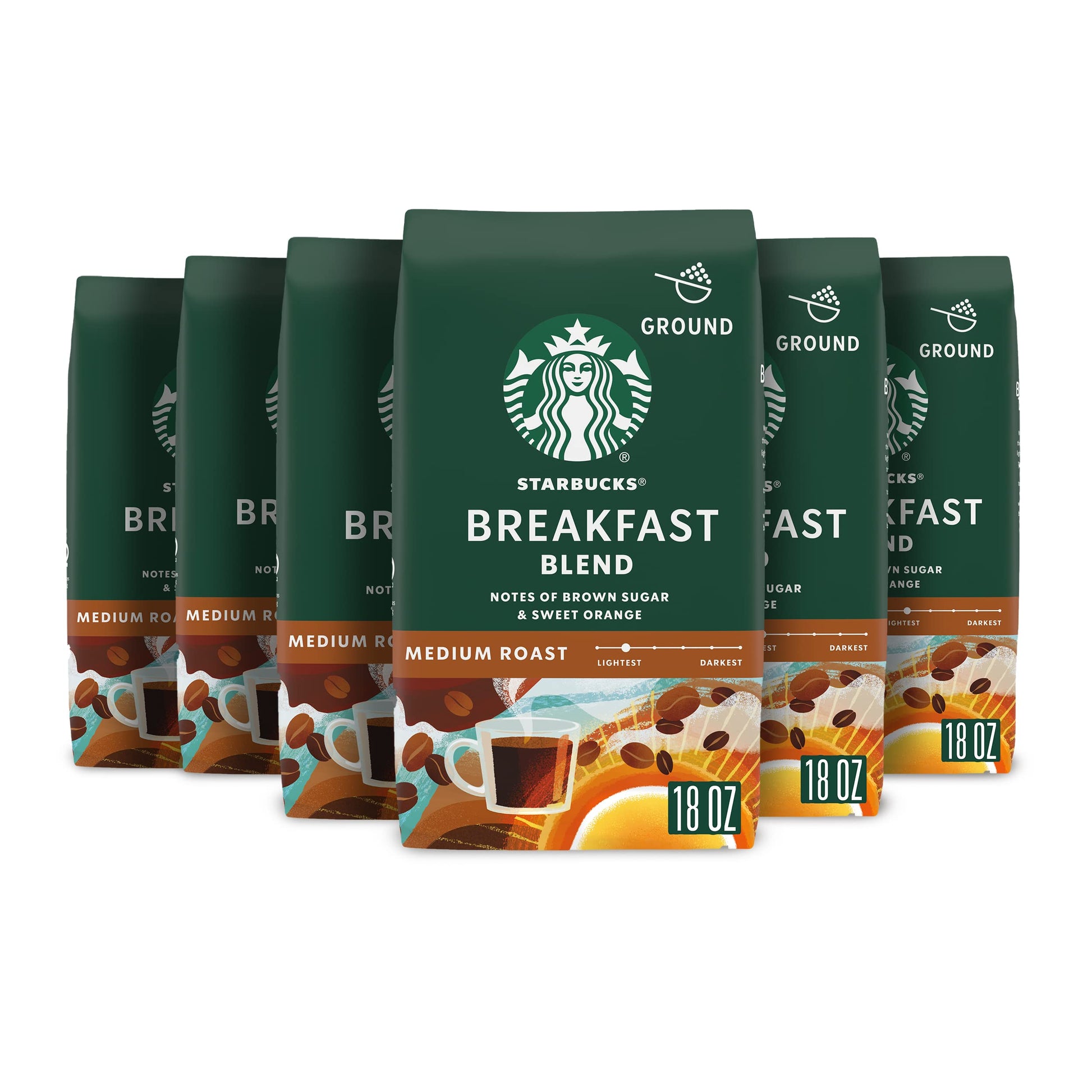 Starbucks Ground Coffee Breakfast Blend, Medium Roast, 6 Bags (18 oz each)