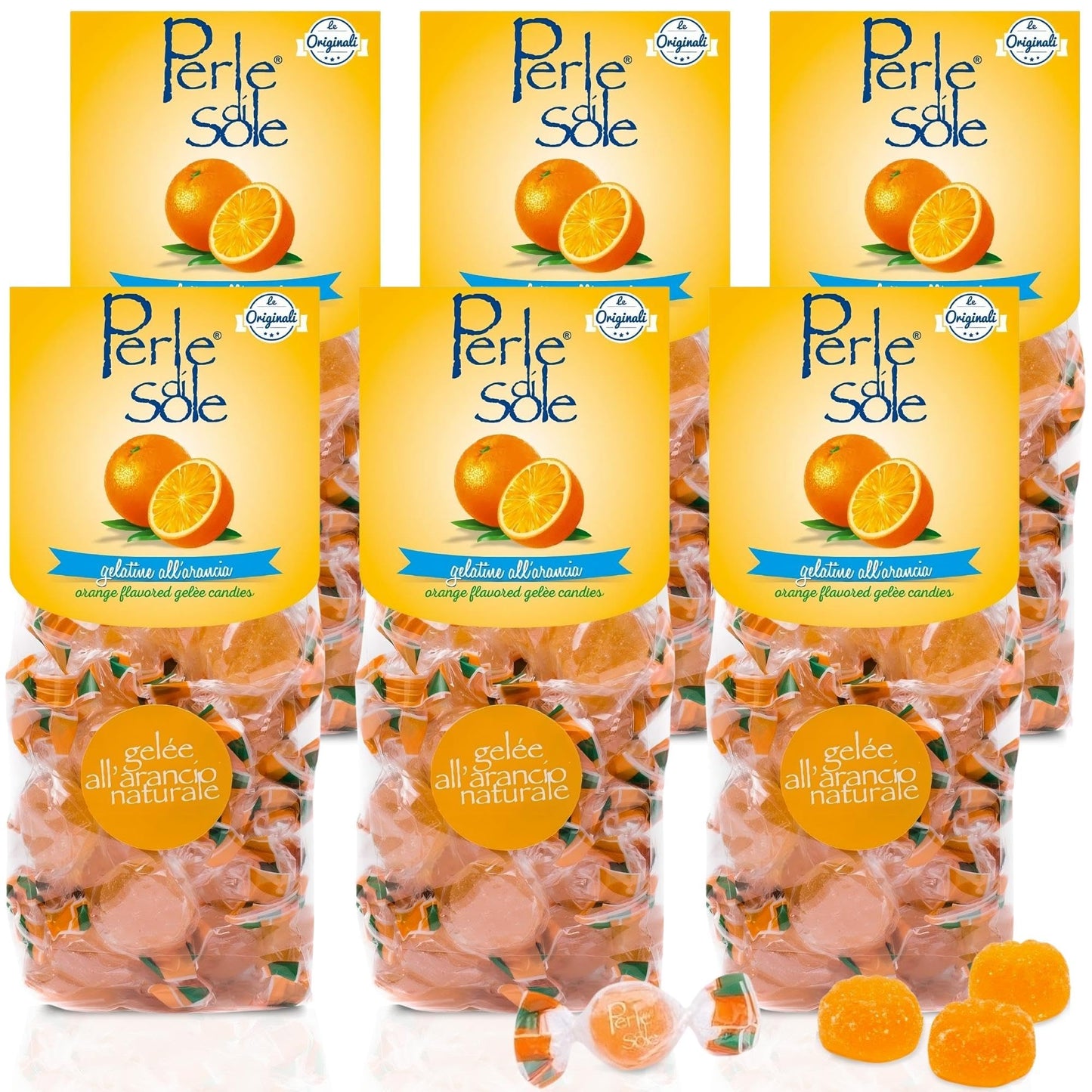 Perle di Sole Orange Candy Jellies - Italian Jelly Candy Individually Wrapped - Soft Fruit Candies - 6 Pack (7.05oz. Bag)