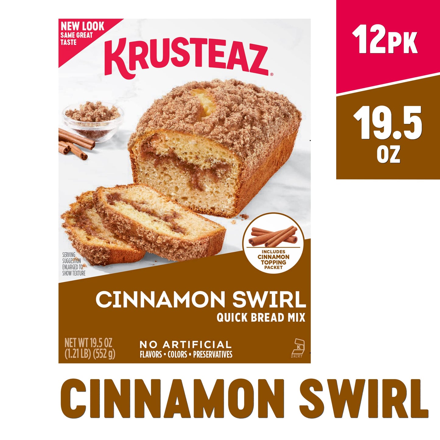 Krusteaz Cinnamon Swirl Quick Bread Mix, Includes Cinnamon Topping, 19.5 Oz Boxes (Pack Of 12)