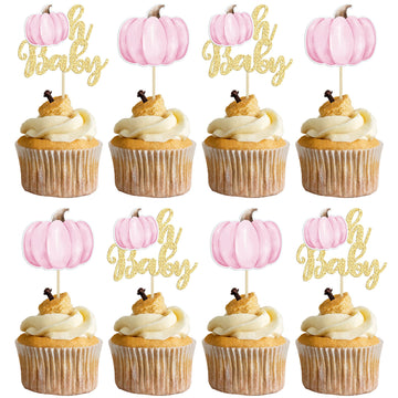 Gyufise 24Pcs Pumpkin Oh Baby Cupcake Toppers Pink Fall Pumpkin Cupcake Picks Baby Shower Cake Decorations Pumpkin Themed Baby S