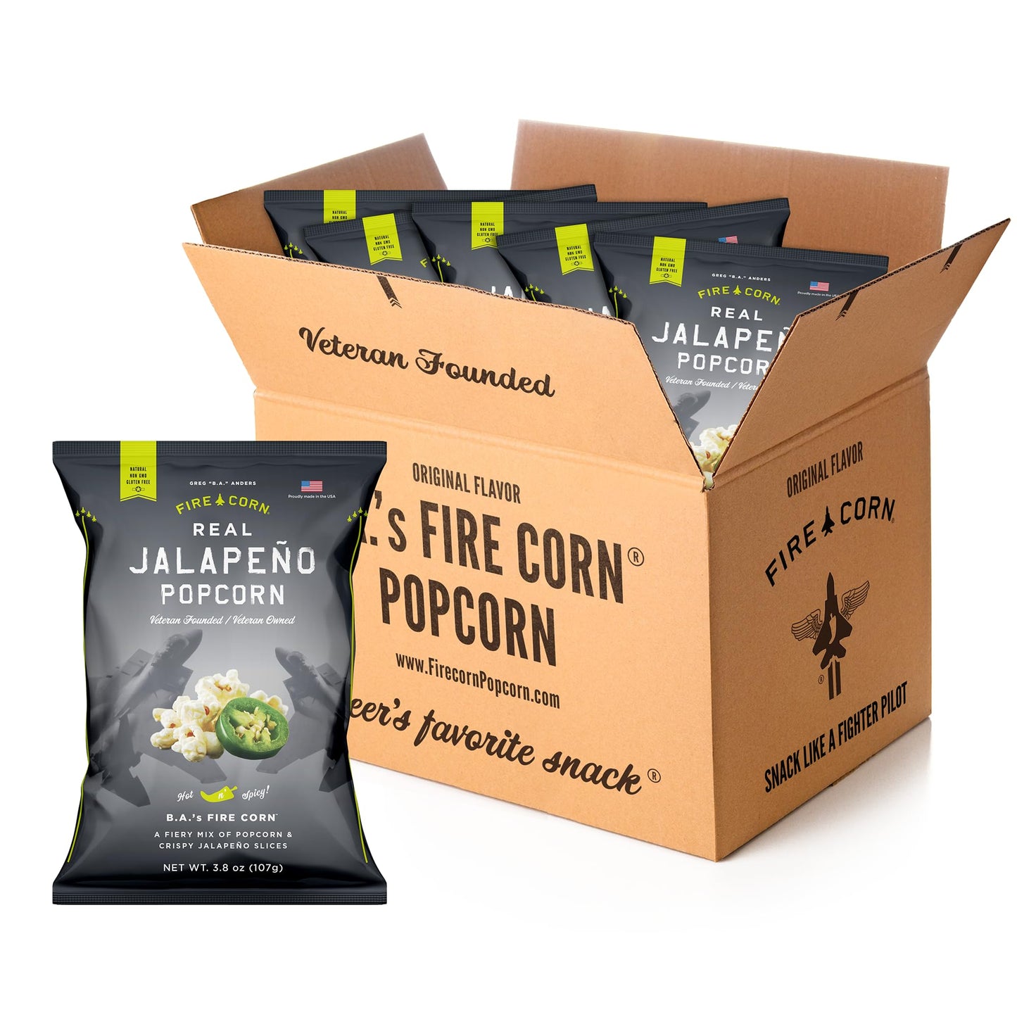 FIRE CORN Jalapeno Popcorn, Gluten Free, Spicy Snacks, 22.8 oz Sharing Bags, Pack of 6