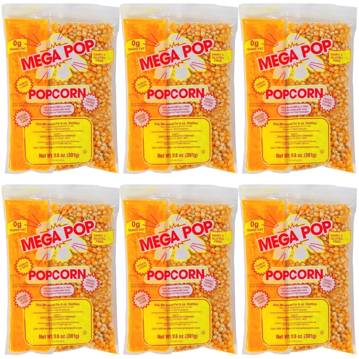 Mega-pop Popcorn 6 count, Oil and Salt Kit with Coconut Oil - Flavored Popcorn - Butter Corn/Oil/Salt Kits,22 oz