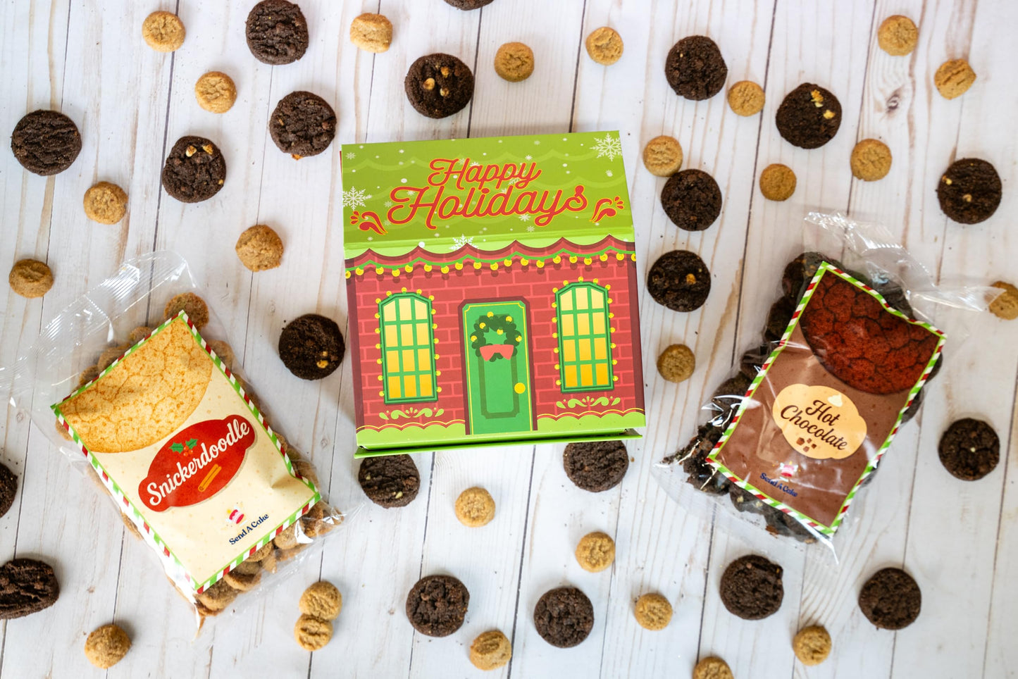 Christmas Cookie House Gift Box With 2 Cookie Flavors Inside By Send A Cake – Hot Chocolate & Snickerdoodle Sugar Cookies – Festive Holiday Gift For Women, Men, Sister, Mom, Dad, Best Friend, Mature-Themeds, Kids