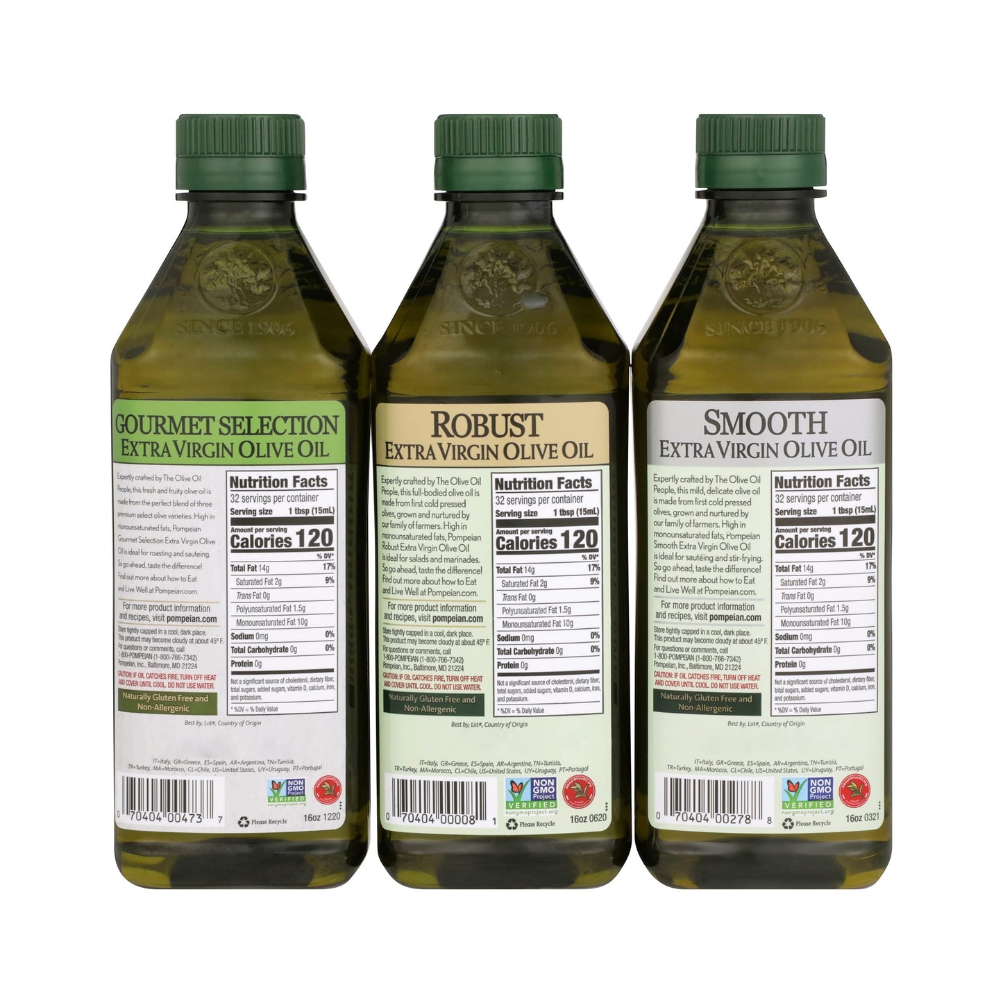 Pompeian Extra Virgin Olive Oil Variety Pack - Smooth EVOO, Gourmet Selection EVOO, Robust EVOO, Contains Polyphenols, First Col