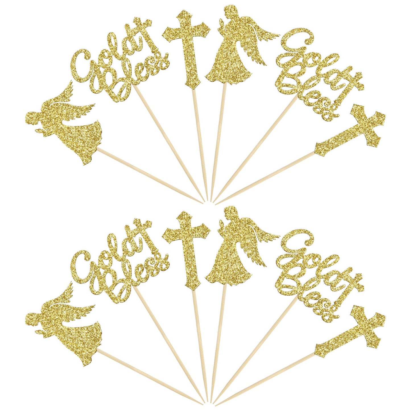 Gyufise 24Pcs Gold Glitter Cupcake Toppers, Cross and God Bless Design, Small, Paper, Model UKZN0096-G