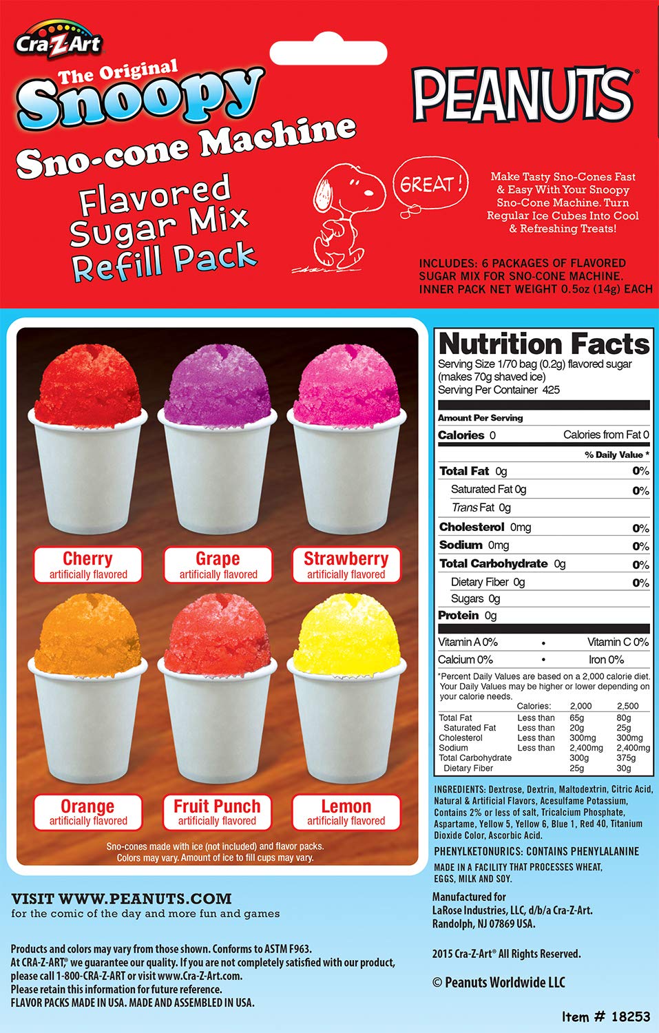 Cra-Z-Art Snoopy Snow Cone Maker Refill, 3 oz, Plastic, Small, Multiple Colors, Model 18253WM-4