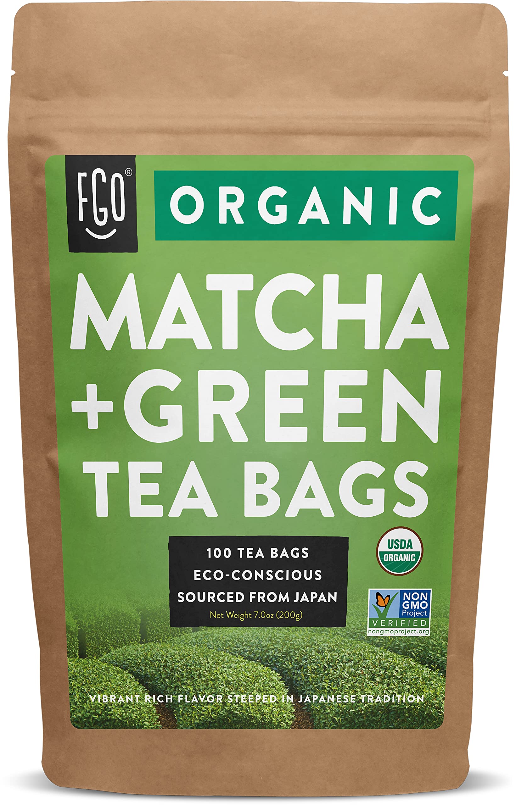 Fgo Organic Japanese Matcha + Green Tea, Eco-Conscious Tea Bags, 100 Count, Packaging May Vary (Pack Of 1)
