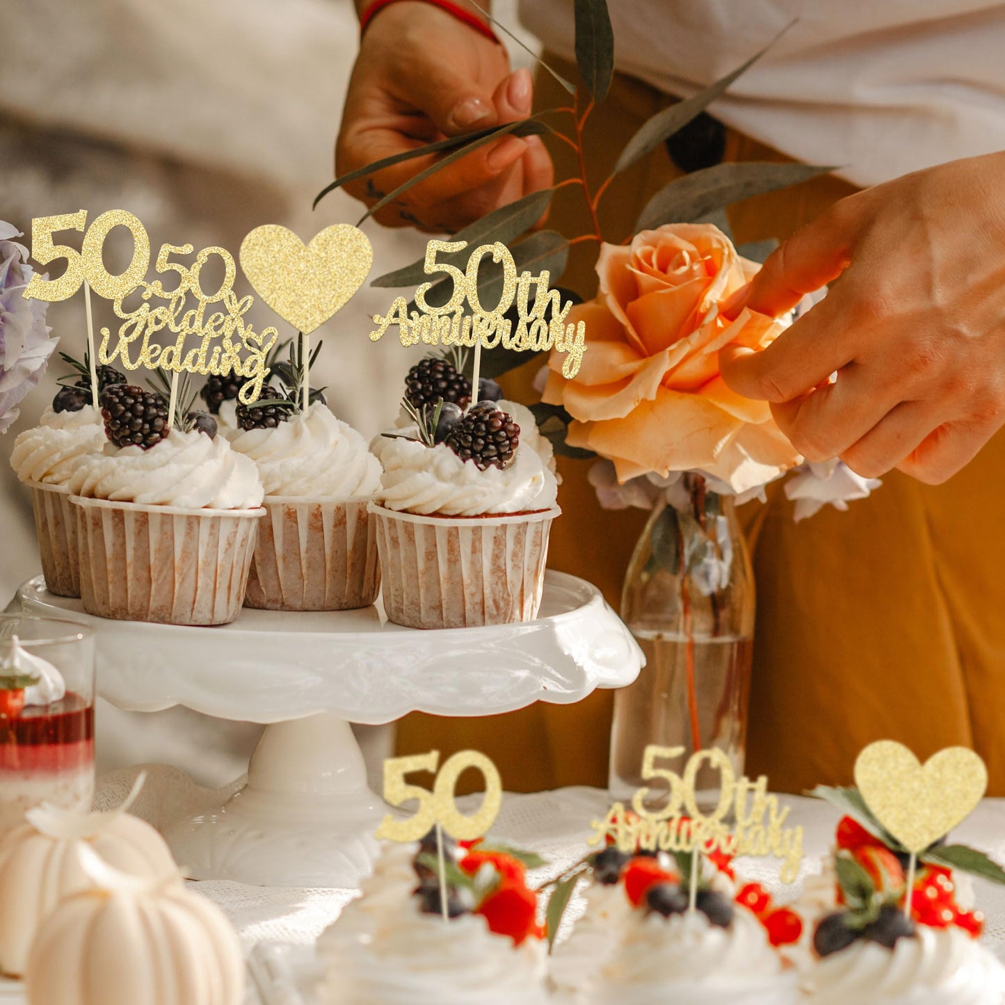 Gyufise 24Pcs 50Th Wedding Anniversary Cupcake Toppers Gold Glitter 50Th Golden Wedding Anniversary Heart Cake Decoration For Ce