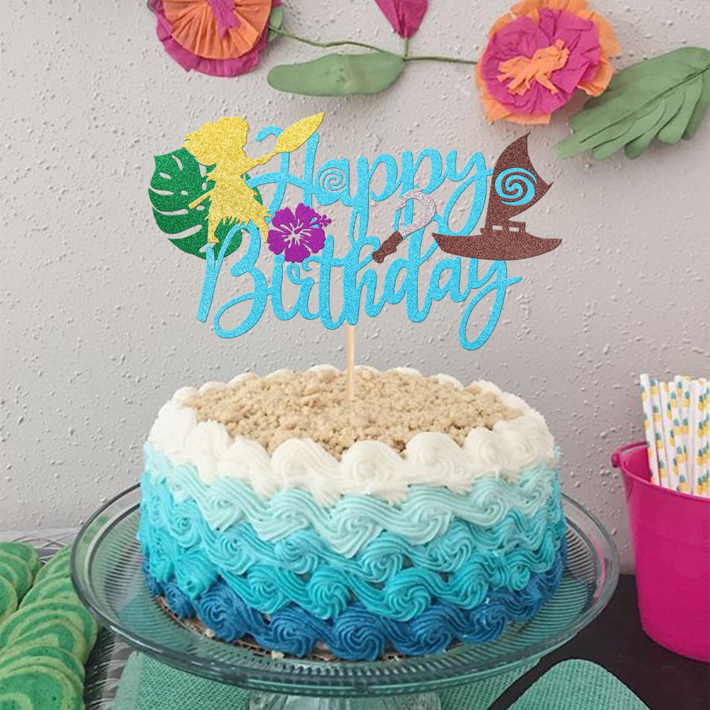 1 Pcs Moana Happy Birthday Cake Topper Glitter Palm Leaf Flower Moana Cake Pick For Tropical Hawaiian Luau Theme Baby Shower Kid