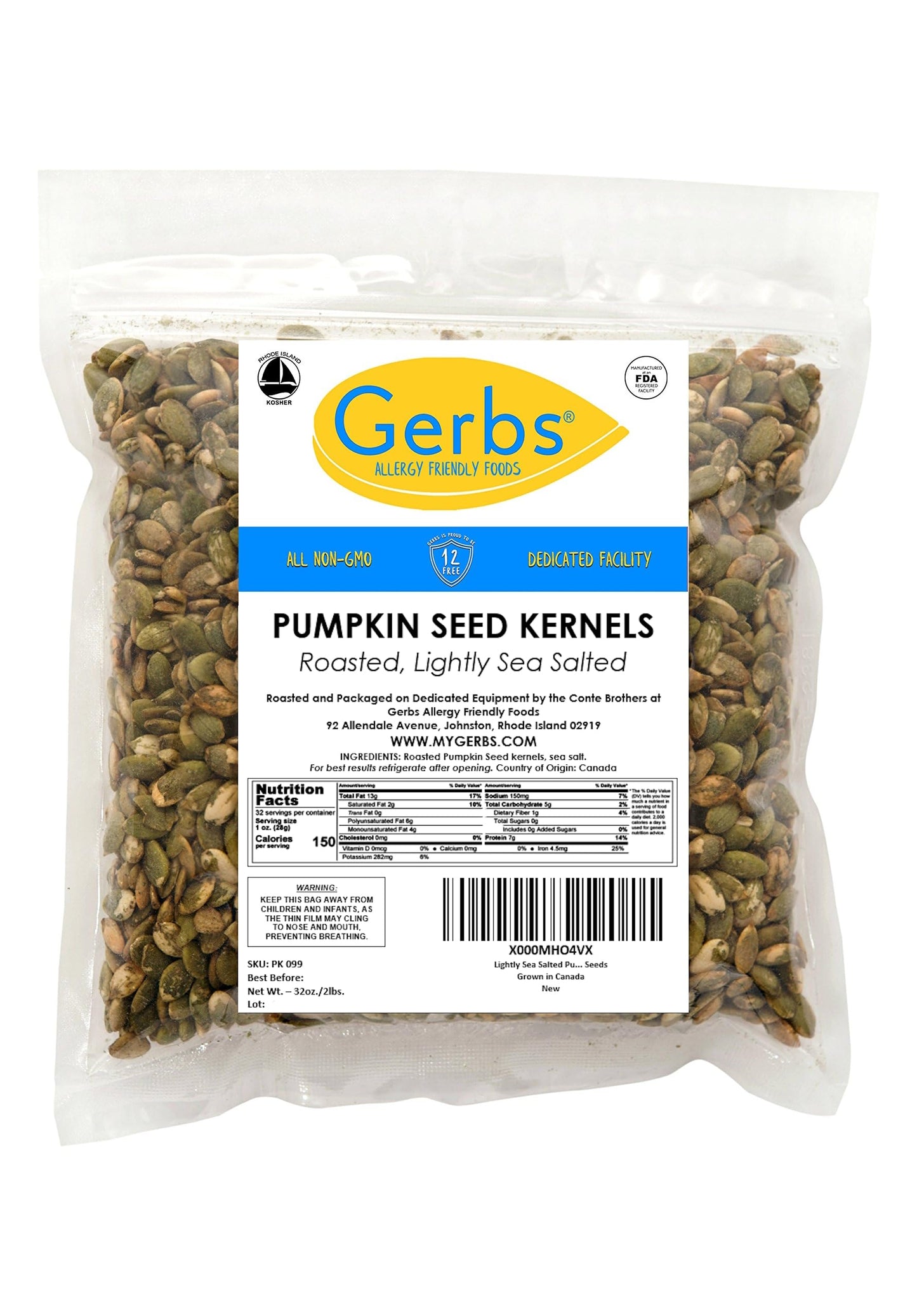 Gerbs Lightly Sea Salted Pumpkin Seed Kernels 2 Lbs|Top 14 Allergy Free Food |Use In Salads, Yogurt, Oatmeal, Trail Mix|Grown In Canada, Packed In Us