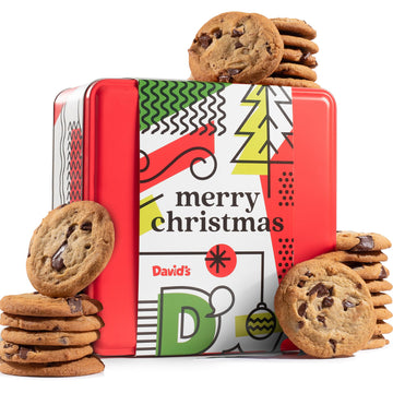 Davids Cookies Gourmet Chocolate Chunk Cookies in Merry Christmas Tin - 1lb, All Natural, No Preservatives, Handmade Gift Basket