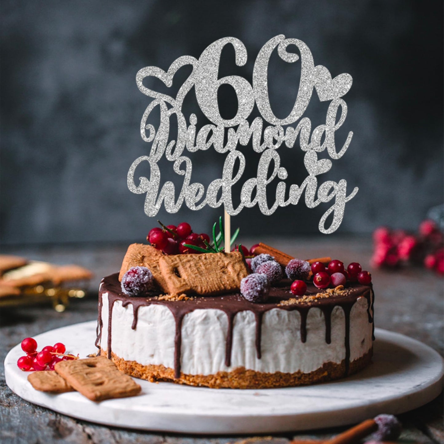 1 Pcs 60Th Wedding Anniversary Cake Topper With Heart Silver Glitter Silver 60 Diamond Wedding Cake Pick Cheers To 60 Years Cake