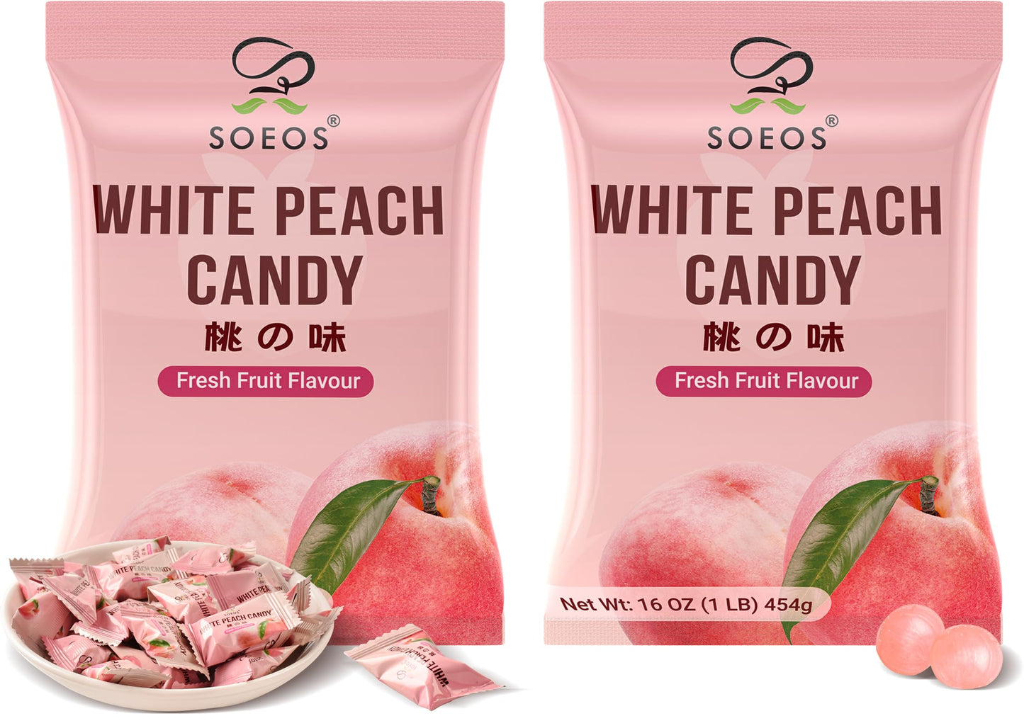 Soeos White Peach Candy  16Oz (1Lb)  Pack Of 2  Juicy Peach Flavor  Individually Wrapped Hard Candies  Sweet & Refreshing Fruit Treats For Sharing And Gifting
