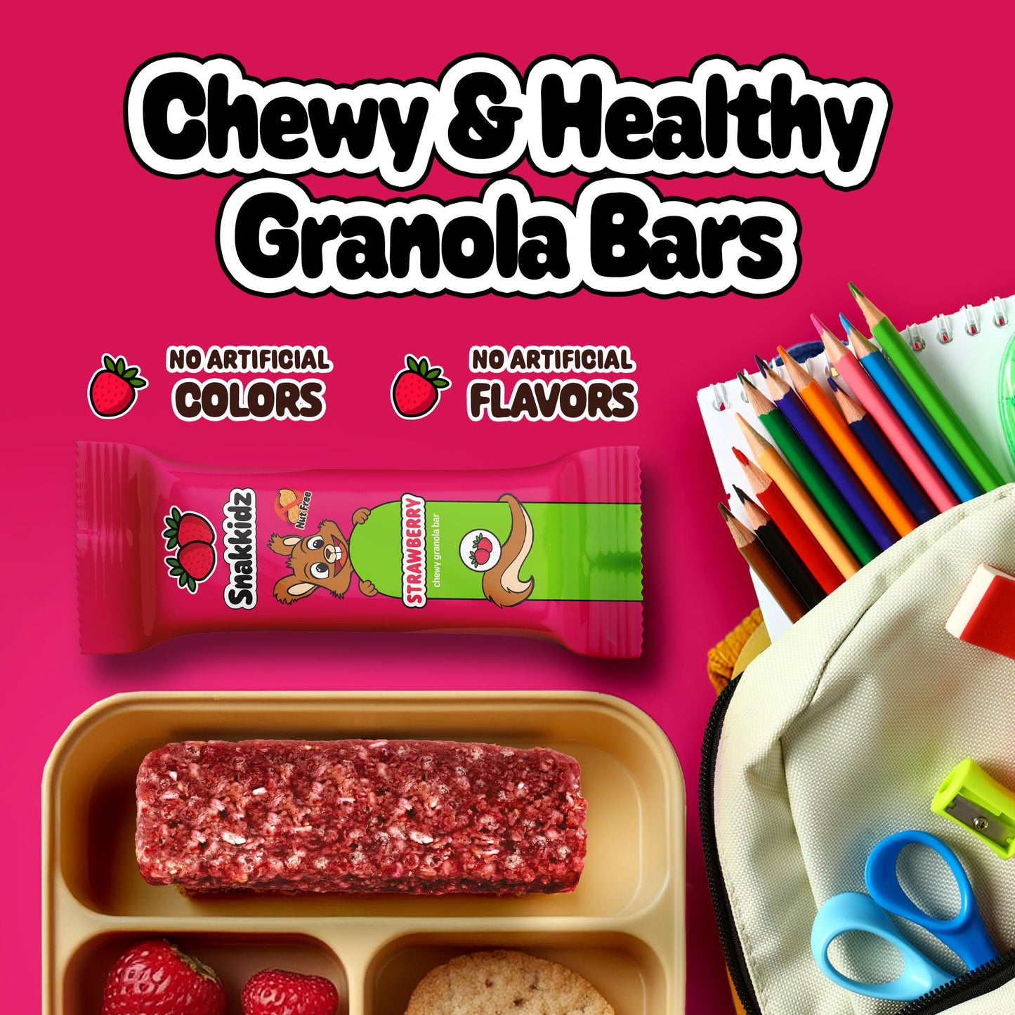 Snakkidz Organic Chewy Granola Bar - Allergen Free, Low Sugar, Made with Avocado Oil, 15 Bars, Strawberry Flavor