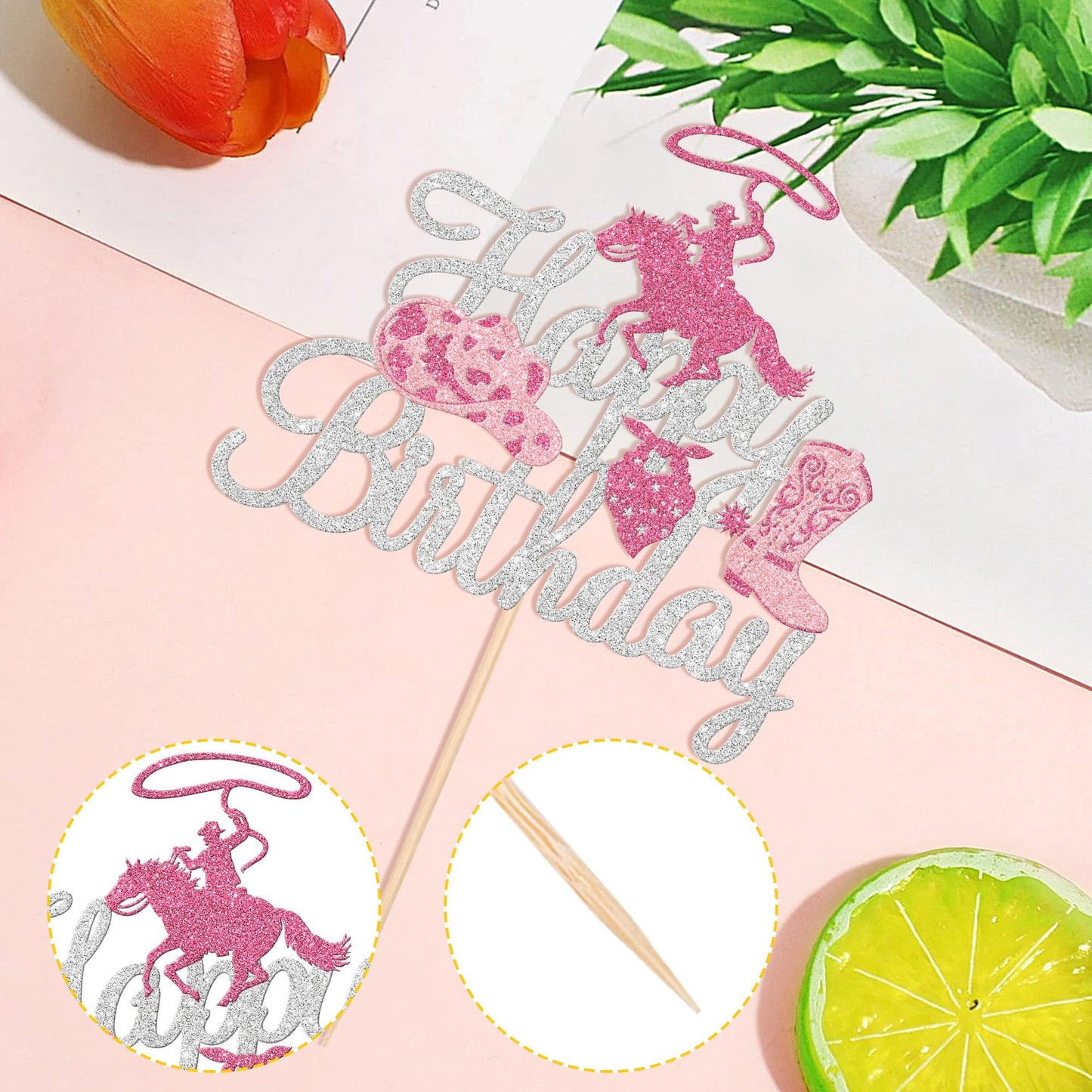 1 Pcs Cowgirl Happy Birthday Cake Topper Sliver Glitter Western Cowgirl Birthday Cake Pick Hat Boot Disco Cowgirl Cake Decoratio
