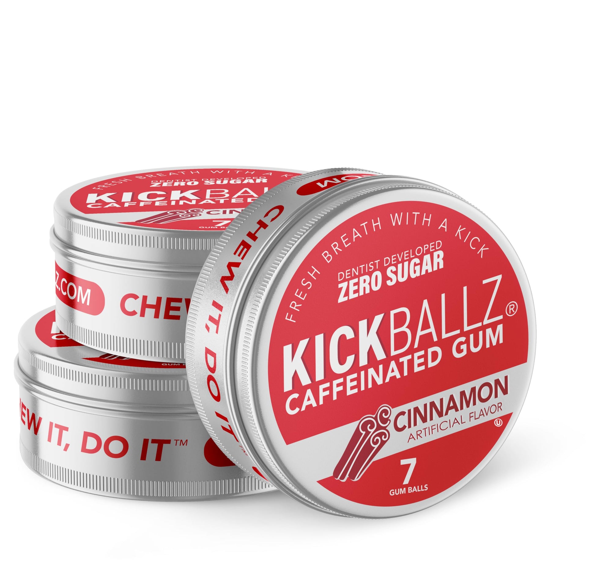 KickBallz Cinnamon Caffeinated Energy Gum, Sugar-Free, 110mg Caffeine per Piece, 21 Count, Red
